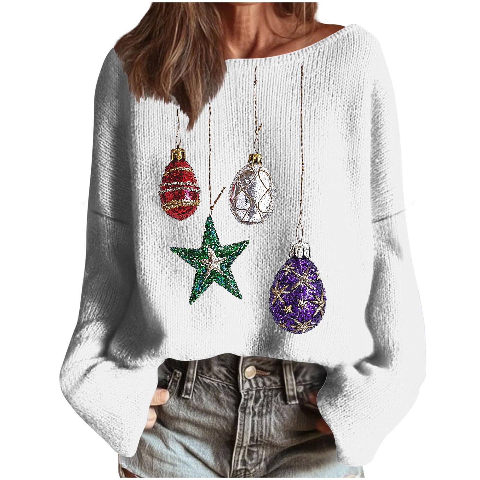 Womens Christmas Ornament Sweater Off Shoulder Holiday Pullover Knit Long Sleeve Casual Festive Winter Top for Party