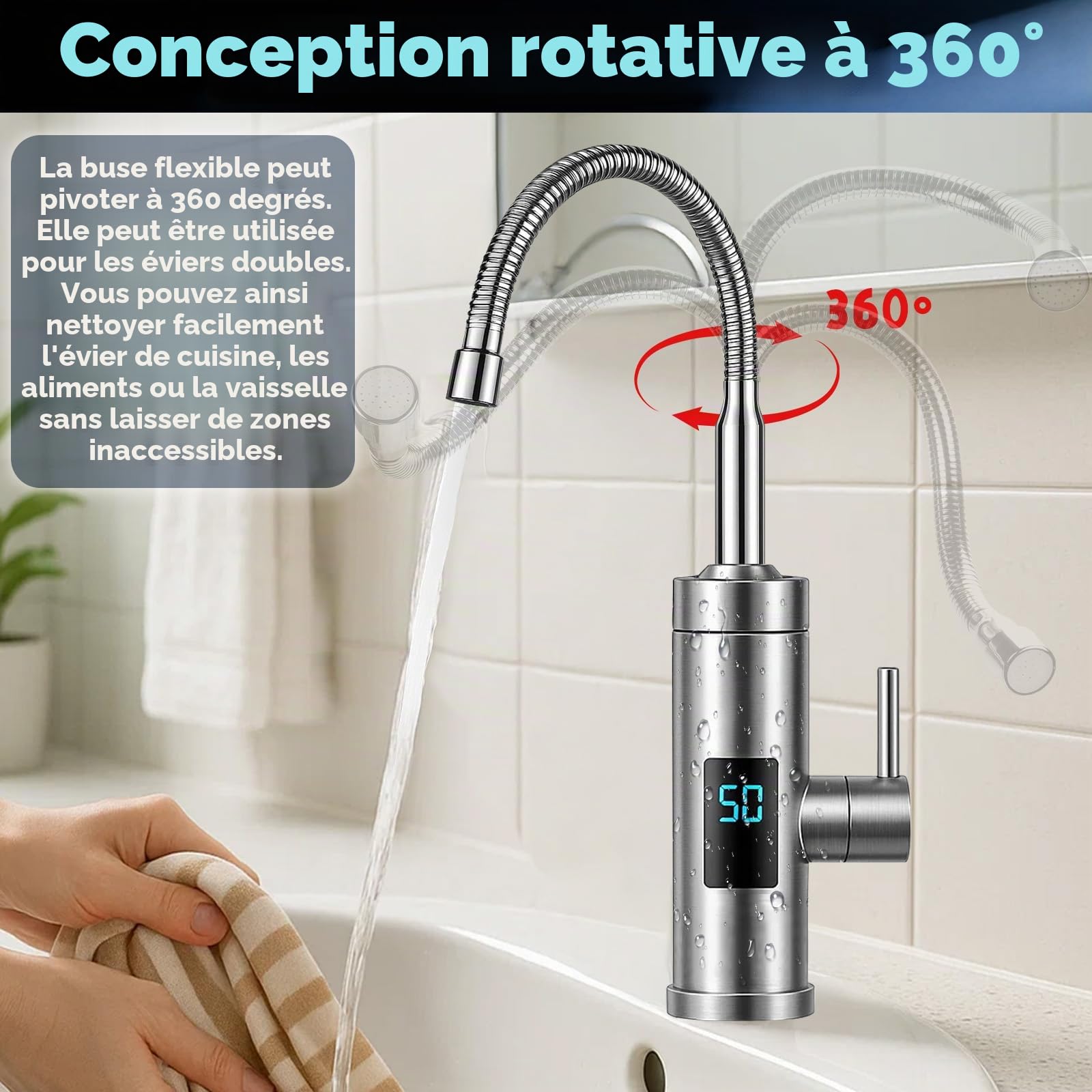 Robinet avec Chauffe-eau Instantané, 3000W Inoxydable Chauffe-eau Electrique, 360° Affichage de la Température LED, Chauffe-eau pour Cuisine et Salle de Bain pour Caravane de Jardin Potager, Max. 60℃