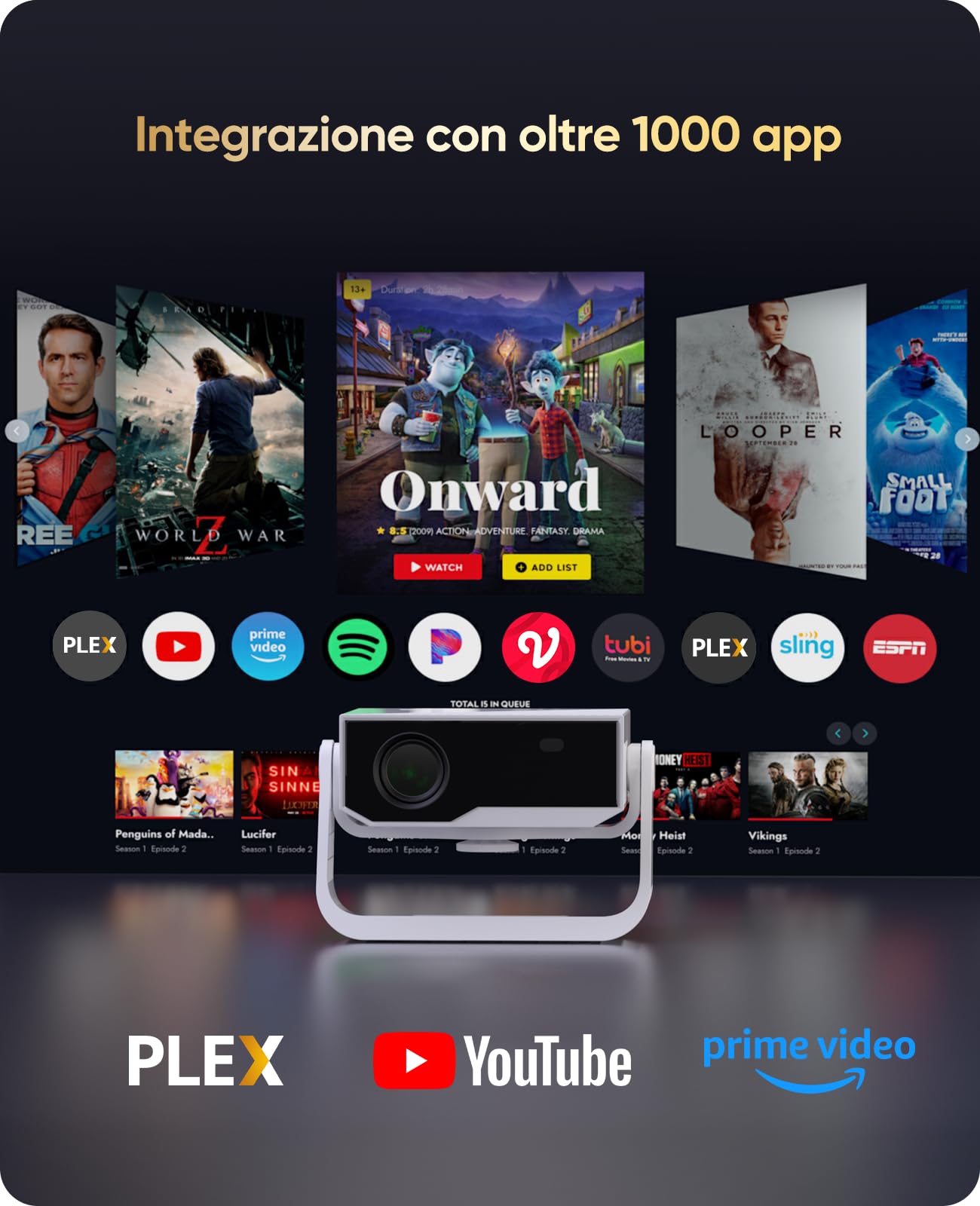 Proiettore intelligente Wielio Android 11, Supporto FHD 1080P 4K, 700ANSI, WiFi6 & BT5.2, Rumore < 29,8 dB, Supporto Regolabile a 120°, Elettrico Focus, Trapezio Automatico per Switch/PS5