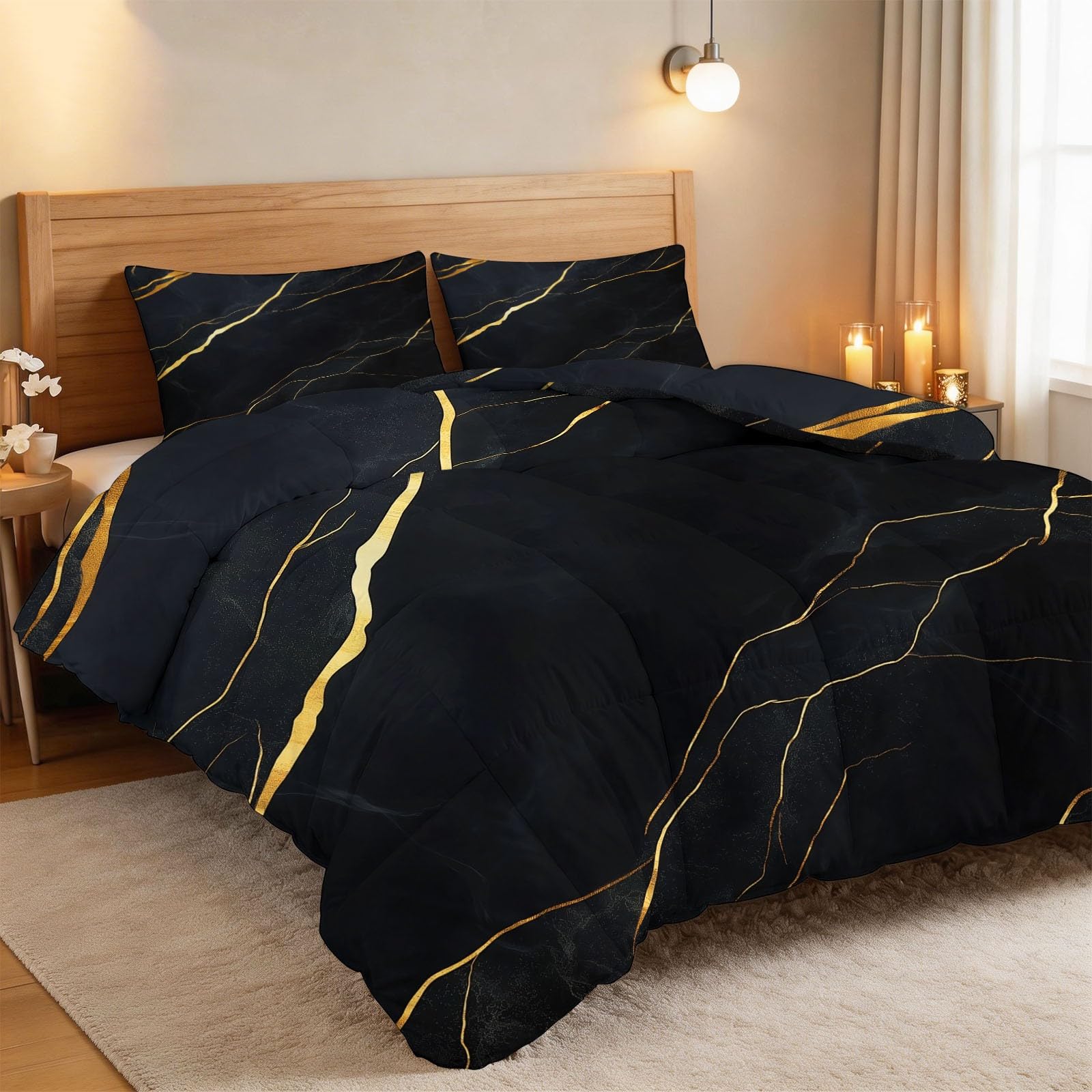 CozyRest Edredon Relleno nordico Cama Infantil Algodón - Mármol Negro Lujo - Bebe rellena Juego de Manta con Almohada 50 x 75 cm por niños e niñas