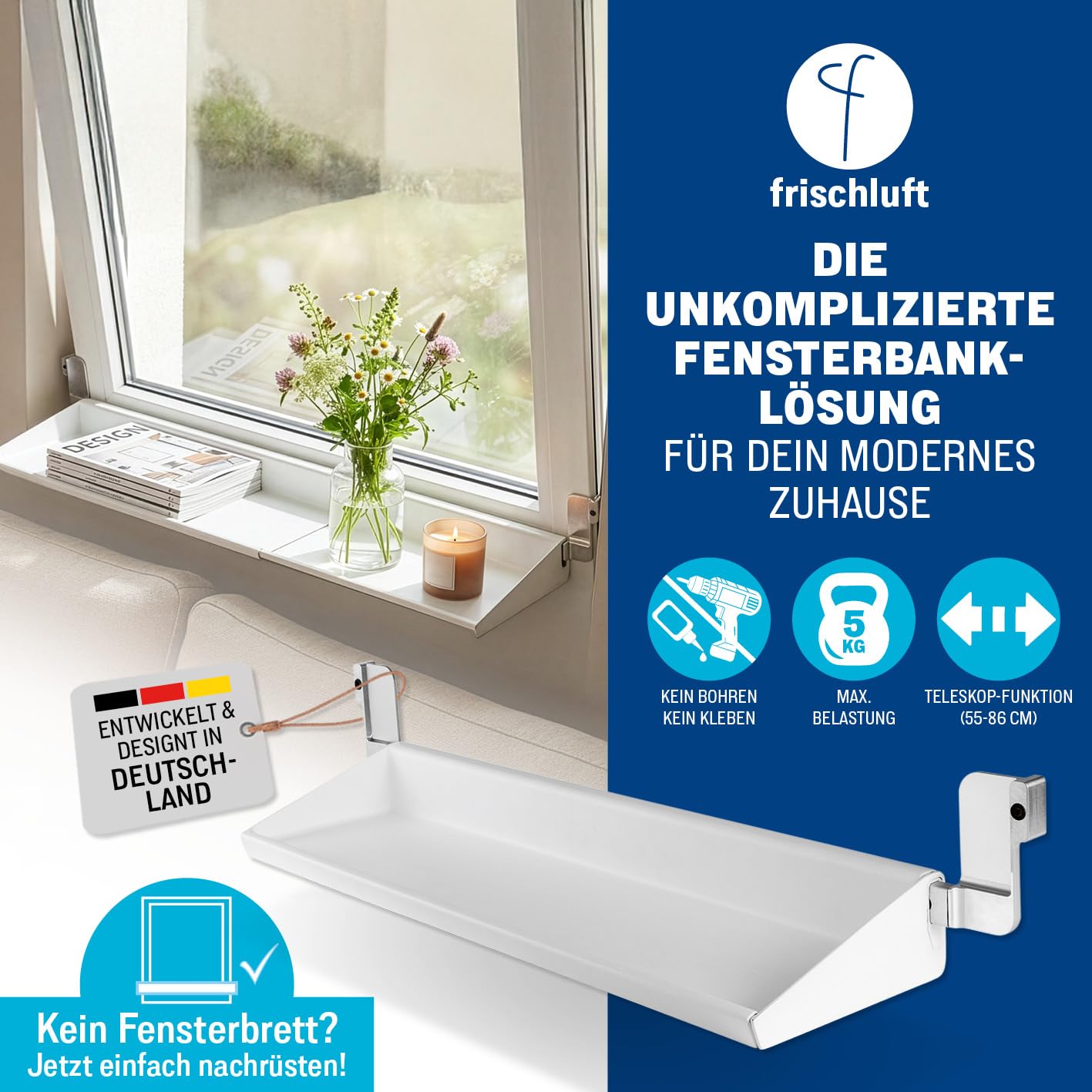 Flexible Fensterbank für fast alle Fenster | Lüften ohne Abräumen, ohne Bohren & Kleben, einfach einklemmen | Teleskop 55–86 cm für Fensterbreite 65–107 cm, bis 5 kg
