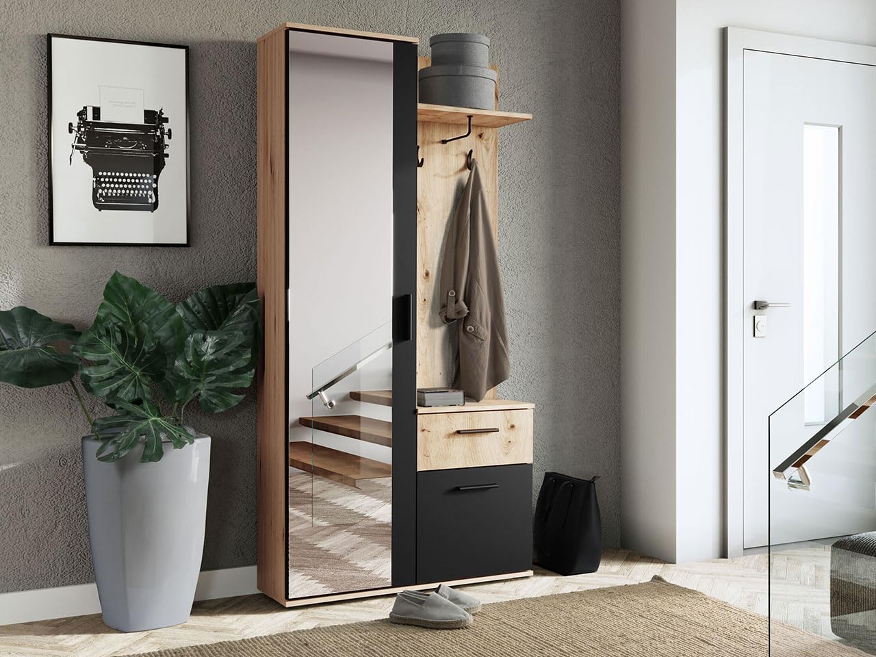 Mirjan24 Garderoben-Set Epic, praktische Wandgarderobe mit 2 Kleiderhaken, Schrank und Schuhschrank geeignet als Flurgarderobe (Artisan/Schwarz)