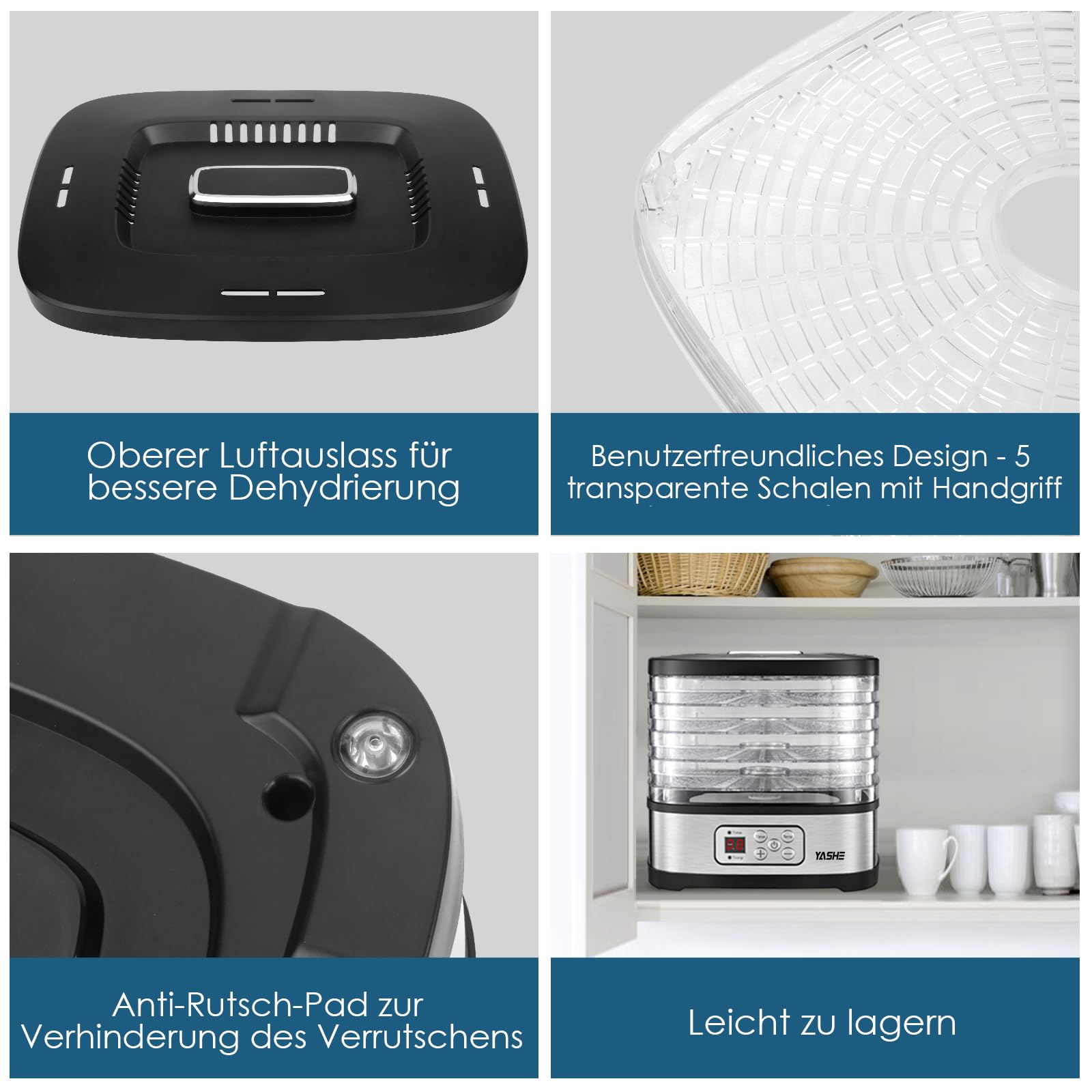 YASHE GGJ-261B Dörrautomat mit LED-Display, Temperaturregelung 35-70°C & 72-Stunden-Timer, 5 höhenverstellbaren Tabletts, Dörrgerät für Obst und Gemüse, 240 Watt, BPA-frei