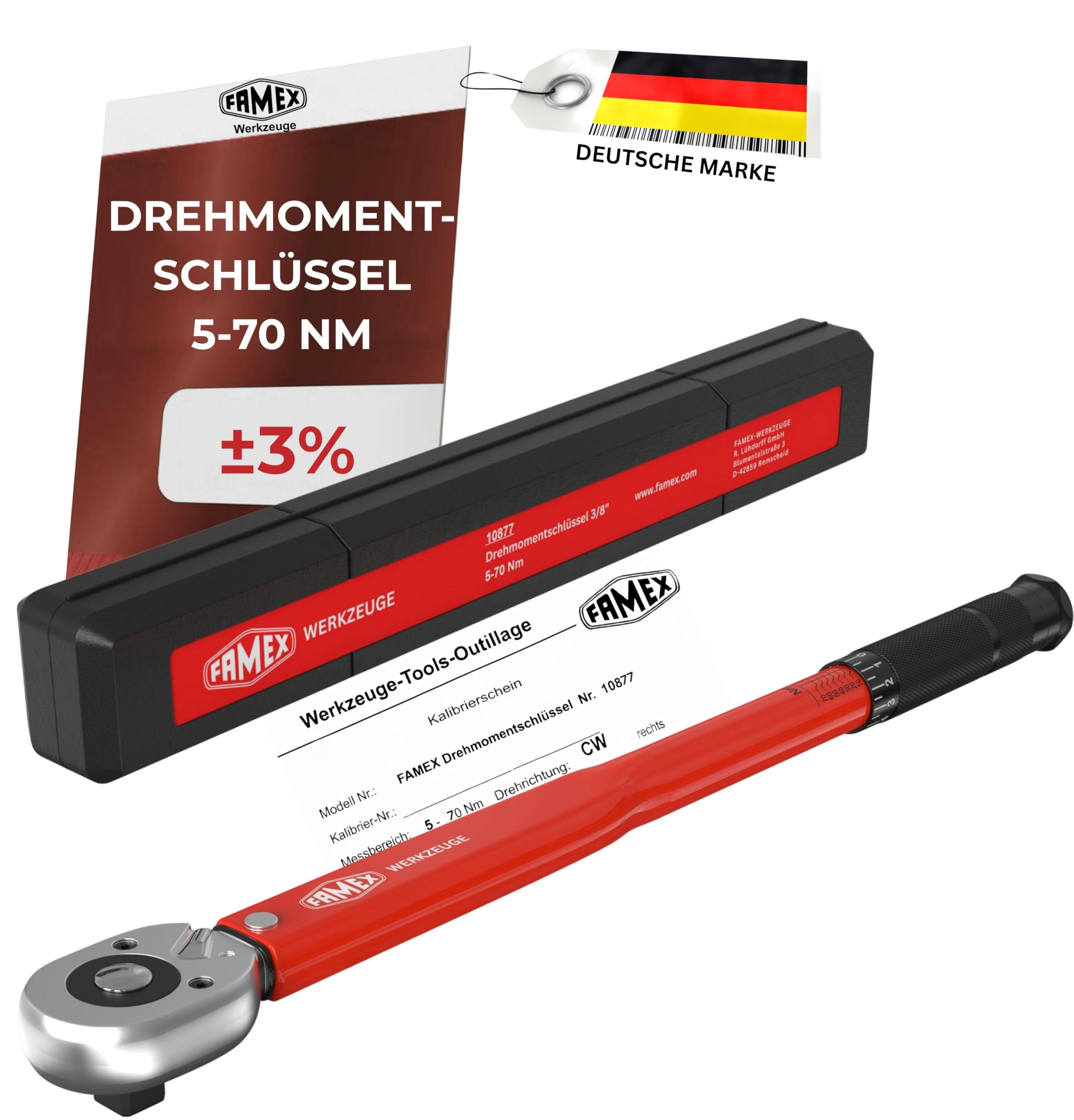 FAMEX 10876 Clé dynamométrique 3/8" (10 mm) Entraînement 20-110 Nm – Pour mesure dans les deux sens de rotation – Moto, voiture, vélo, testé