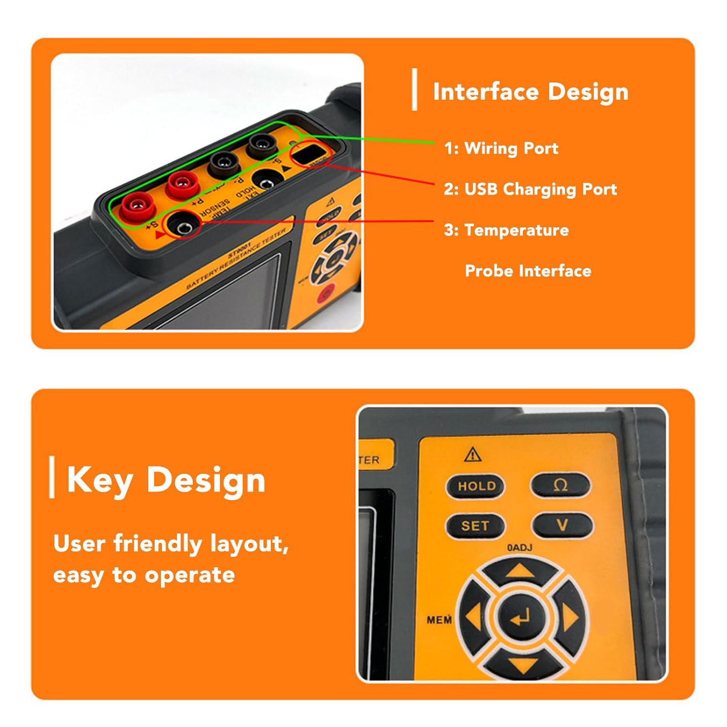 Portable Battery Tester, Measures Internal, Voltage and Temperature, USB Data Sync, Customizable Thresholds, for Technicians and DIY Users