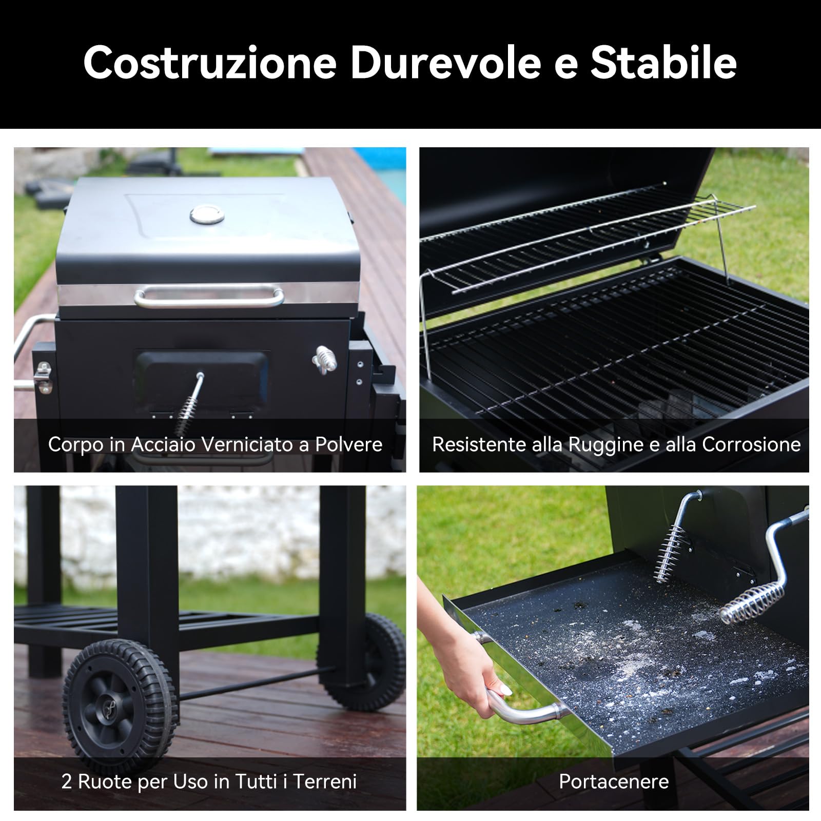 Barbecue a Carbonella, Barbecue con Coperchio, Superficie Cottura: 56×42,5 cm, Vassoio Carbone Regolabile in Altezza, Tavolino Laterale Pieghevole, Con Copertura Barbecue da Esterno