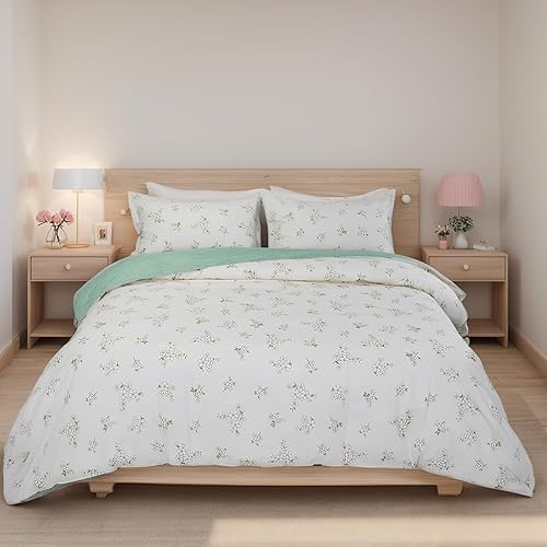 Miniatura 2 de Usfivefam Juego de funda de edredón floral tamaño King, 3 piezas, funda de edredón reversible verde floral, estilo jardín, juego de ropa de cama
