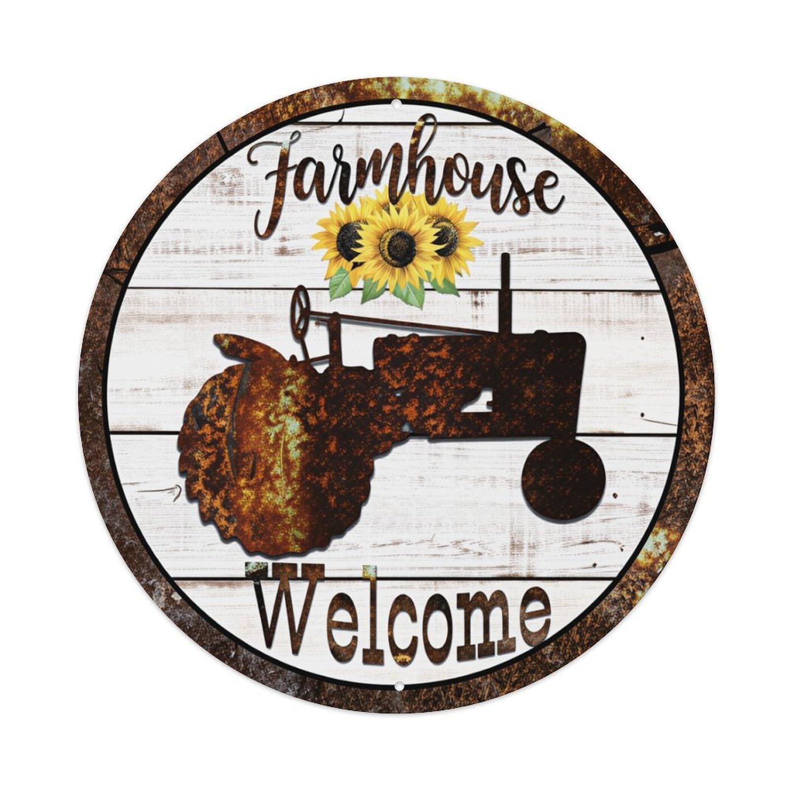 Farmhouse Tractor Sunflower Welcome Rustic Round Tin Sign Retro Metal Sign for Cafe Bar Pub Home Game Room Gym Club Wall Decoration Vintage Metal Poster 8x8 Inch