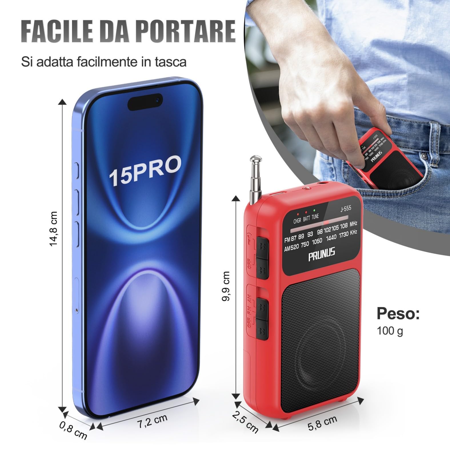 PRUNUS J-555 Radio Portatile Ricaricabile FM/AM con Batterie AAA, Jack, Clip Posteriore Rosso