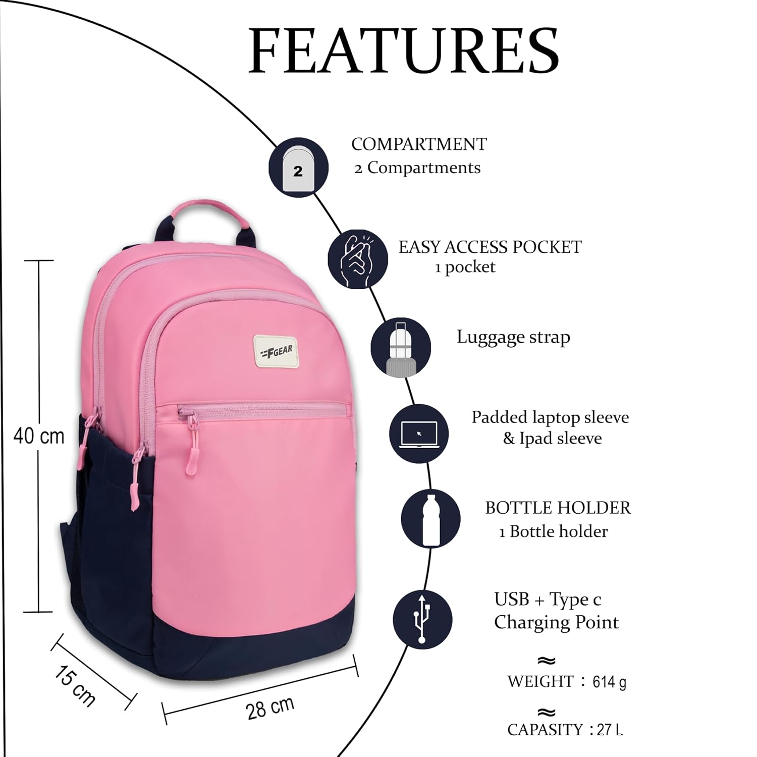 F Gear Balanzo 16L Laptop Backpack for Women & Men|Water-Resistant Office, College|2 Compartments & 1 Pocket, USB & Type-C Port|Luggage Strap|Detachable Key Holder|Laptop & Tablet Sleeves 11 71SgVsQJ KL. SL1500