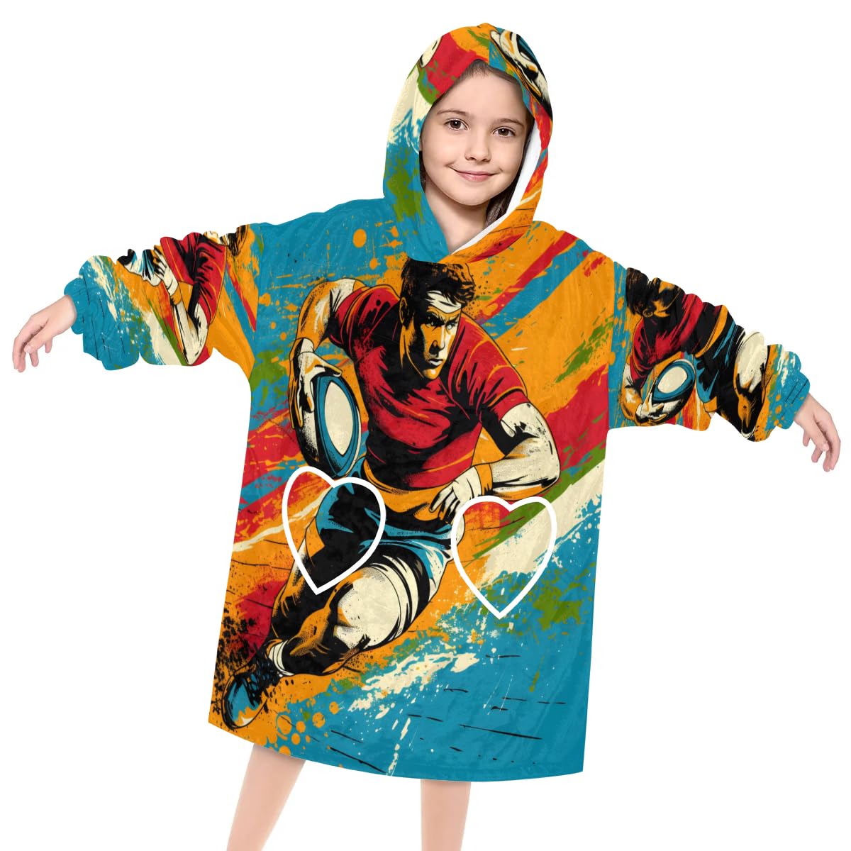 Wearable Blanket Hoodie for Kids, Sports Football Fleece Sweatshirt Blanket Retro Football Oversized Blanket Sweatshirt with Pocket Flannel Warm Hooded Blanket 6-10 Year Old Girl Boy Gift, One Size