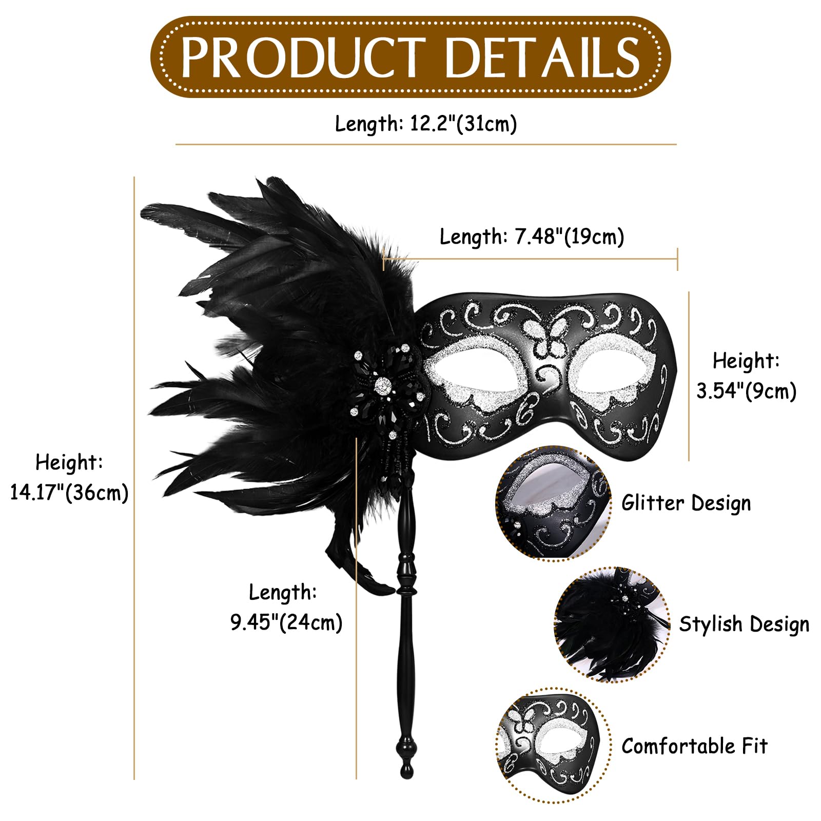 Oidea Masquerade Mask for Women with Stick: Handheld Mardi Gras Mask Women's Feather Prom Party Venetian Mask Shiny Bead Masks Halloween Costume Accessory - Image 3