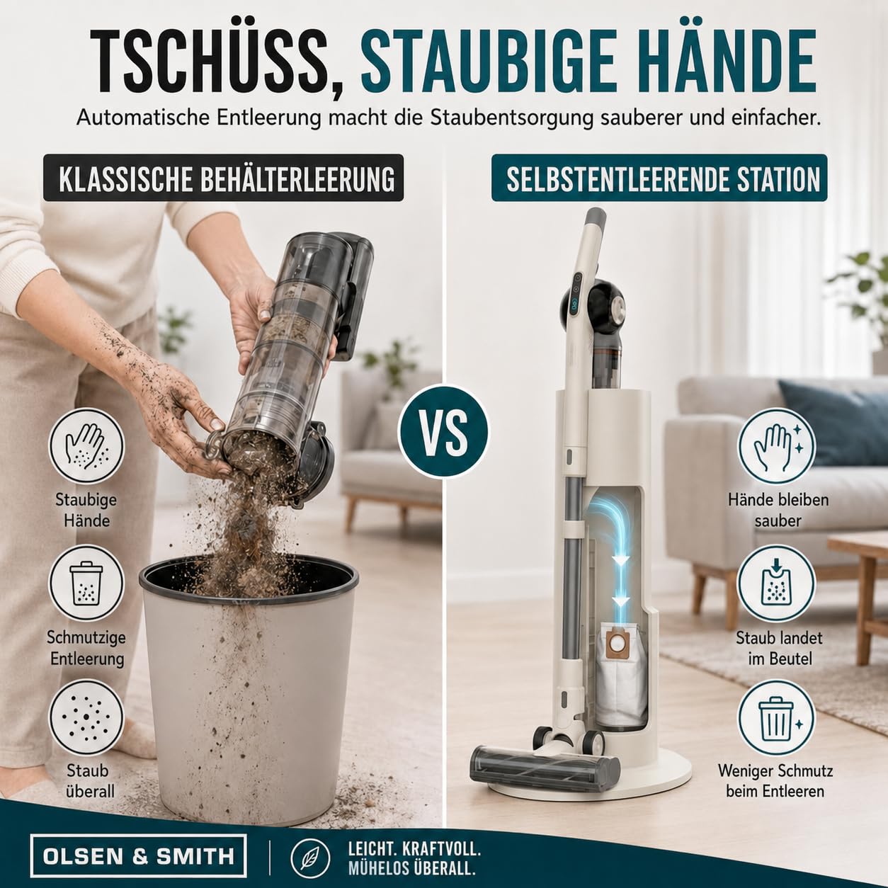Olsen & Smith Selbstentleerender Akku Staubsauger – Leichter 5,3 kg Stiel- & Handstaubsauger, 18 kPa Saugkraft, 25 Min. Laufzeit, H13-HEPA-Filter, LED-Licht – Tierhaare, Auto & Teppich – Creme