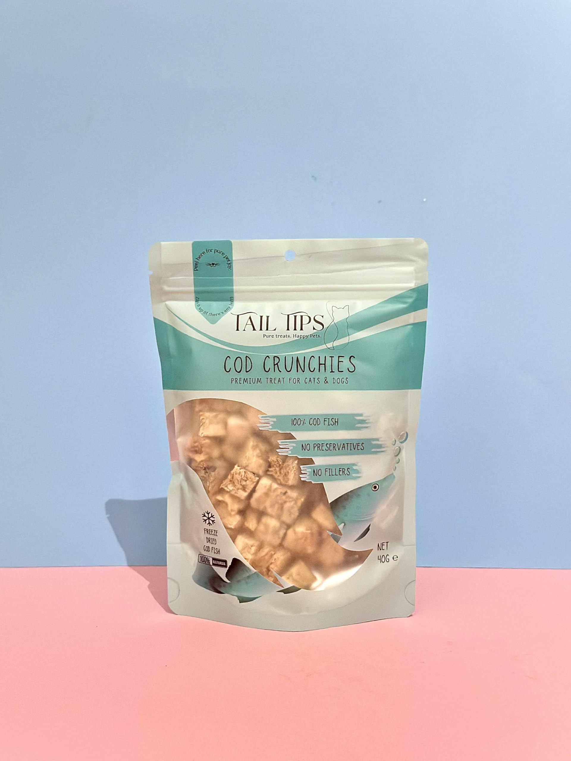 Tail Tips Freeze-Dried Pet Treats for Cats & Dogs – 100% Single-Ingredient, High-Protein Natural Training Snacks, Meal topper – Grain-Free, No Additives – All Life Stages (Cod 40g)