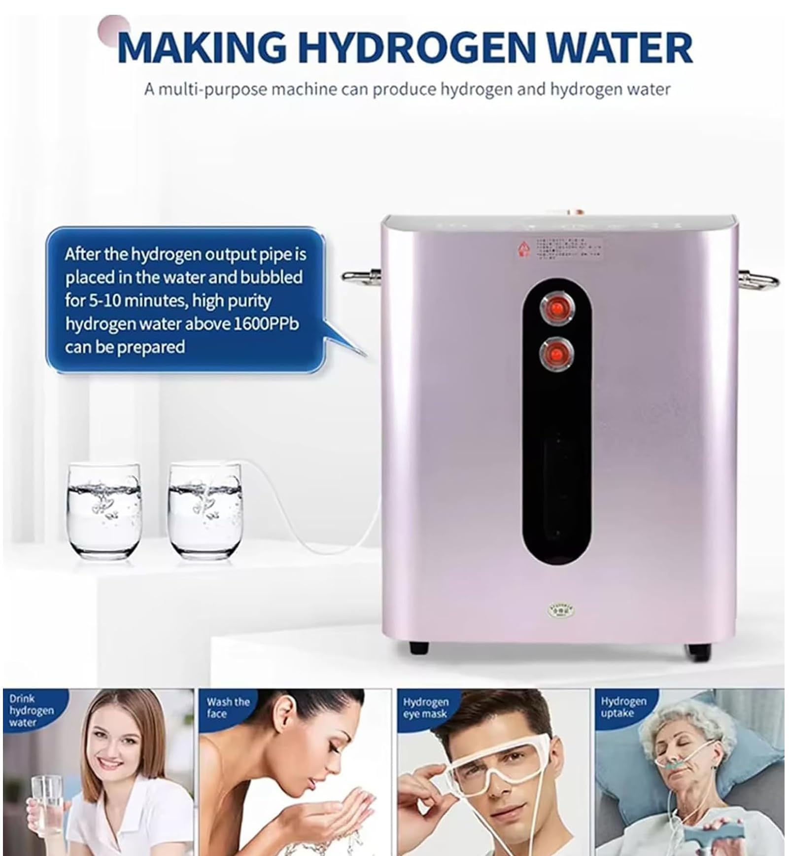 Urządzenie do inhalacji wodorem z dwoma portami, inhalator z generatorem wodoru o wydajności 900/1200/1500/1800 ml/min, jonizator wody SPE/PEM do użytku domowego 1500ml/min
