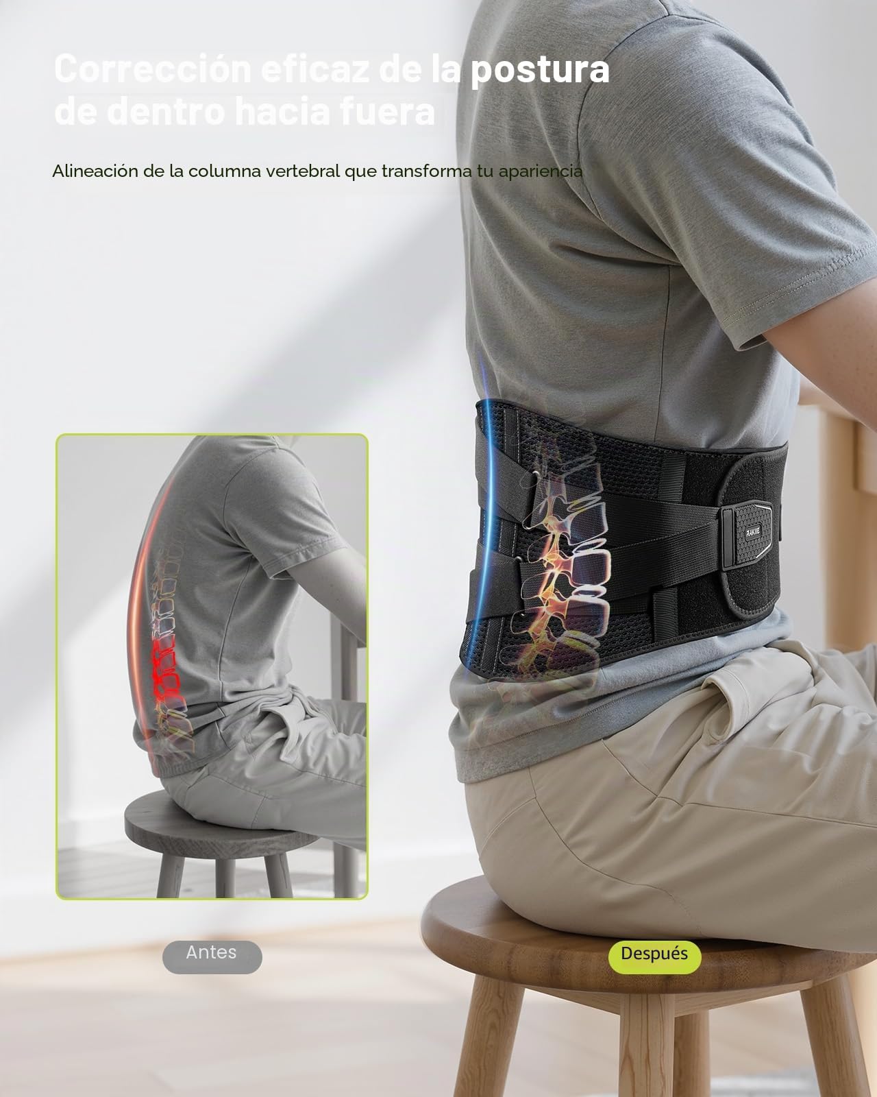 Rakiie Lumbar Para Hombre y Mujer, 7X Soporte Ergonómico para mujer y Hombre, Correas Ajustables y malla Suave y Transpirable (Gris, Large)
