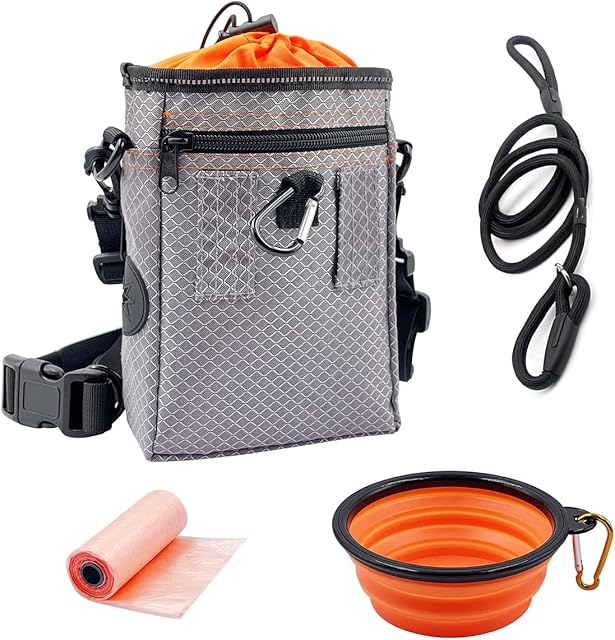 RIGHTWELL Dog Treat Pouch Bag, Dog Walking Bags with Adjustable Belt, Dog Training Waist Bag with Garbage Bags, Collapsible Silicone Water Bowl and Dog leash