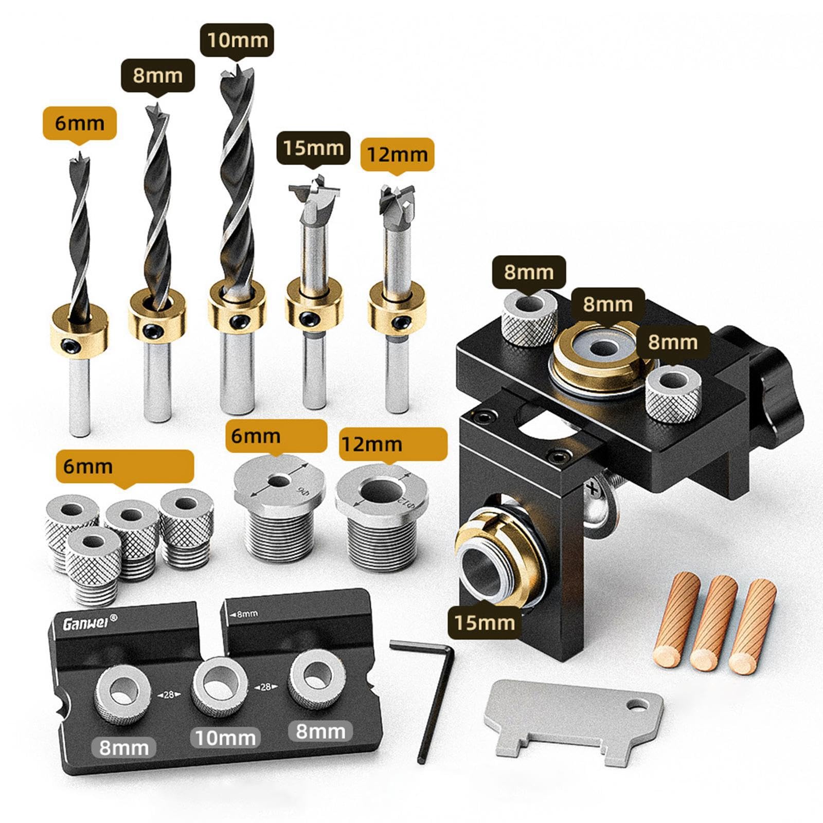 Benutzerfreundliches 3 in 1 Dübelbohrset für Holzbearbeitung, verstellbar, für Handwerker und Hobbybastler. Mit 12 mm und 15 mm Bohrern für