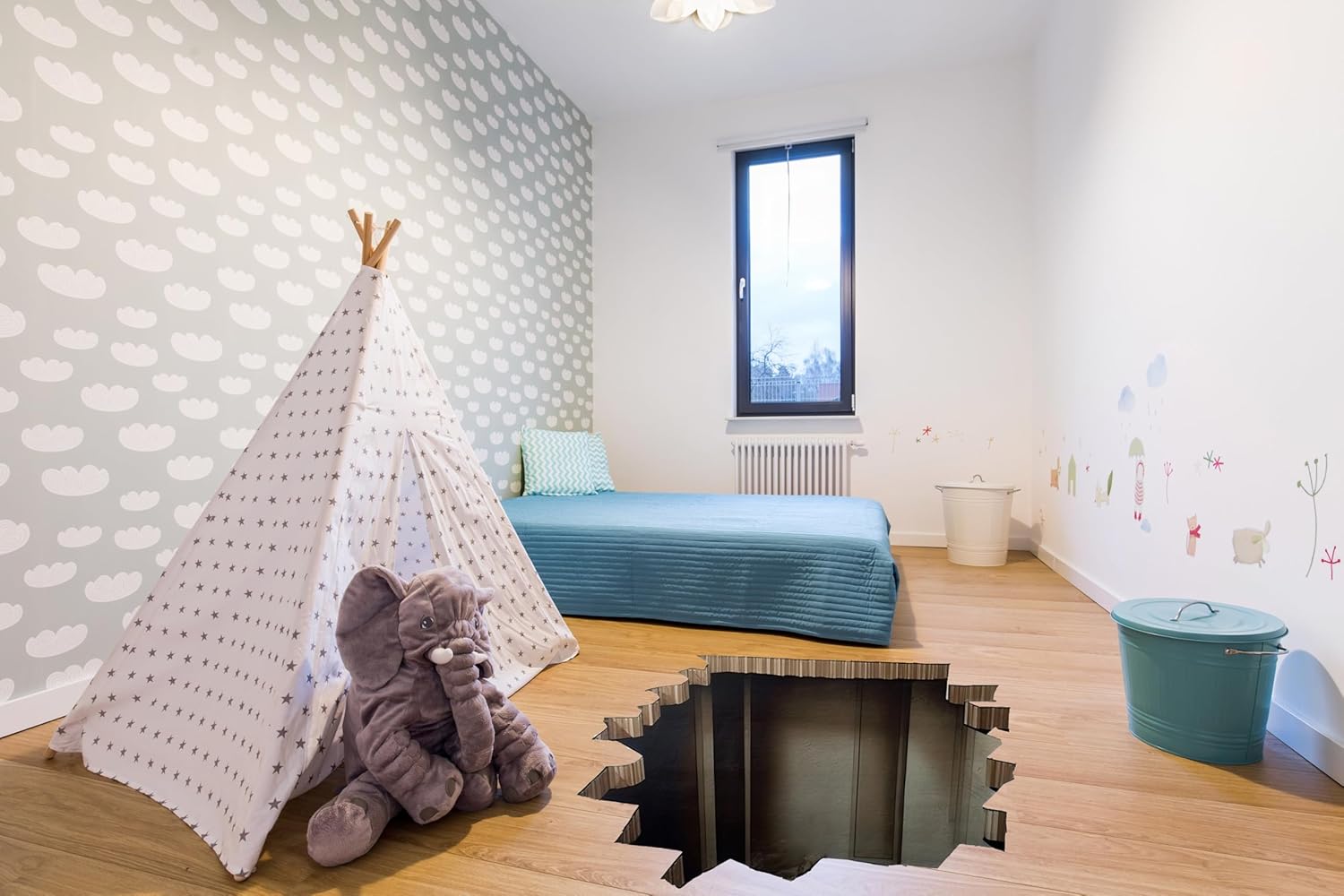 Captivating 3D Illusion Hole Floor Sticker - Porthole Art Decor with Basement View - Printed Vinyl Decal Crack Illusions Floor Mural