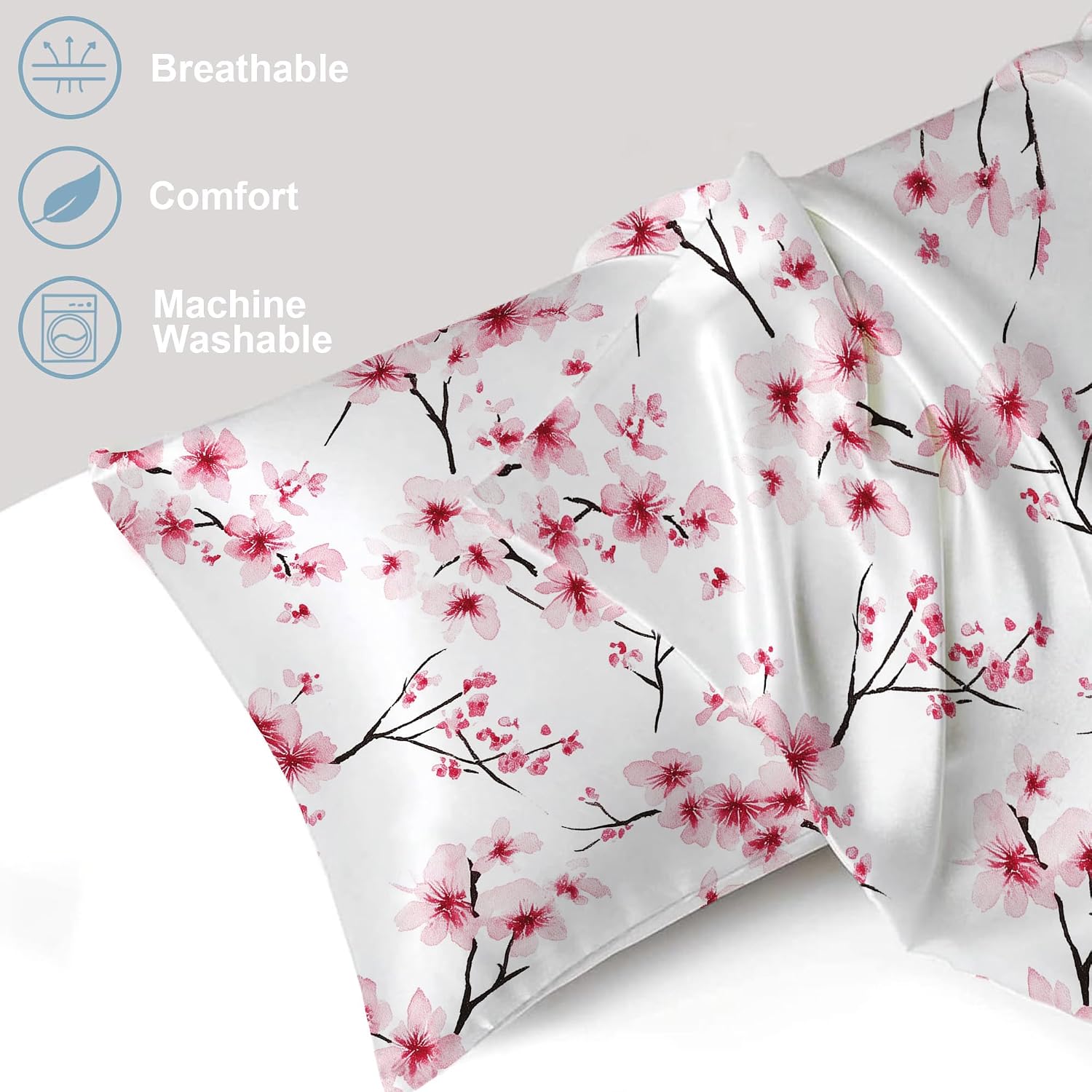 Watercolor Cherry Blossom Flowers Satin Pillow Case King Size,Soft Pillowcases for Hair and Skin Similar to Silk,Print Pillow Cases with Hidden Zipper Bedding Accessories,20X36 Inches,1 Pack image 3
