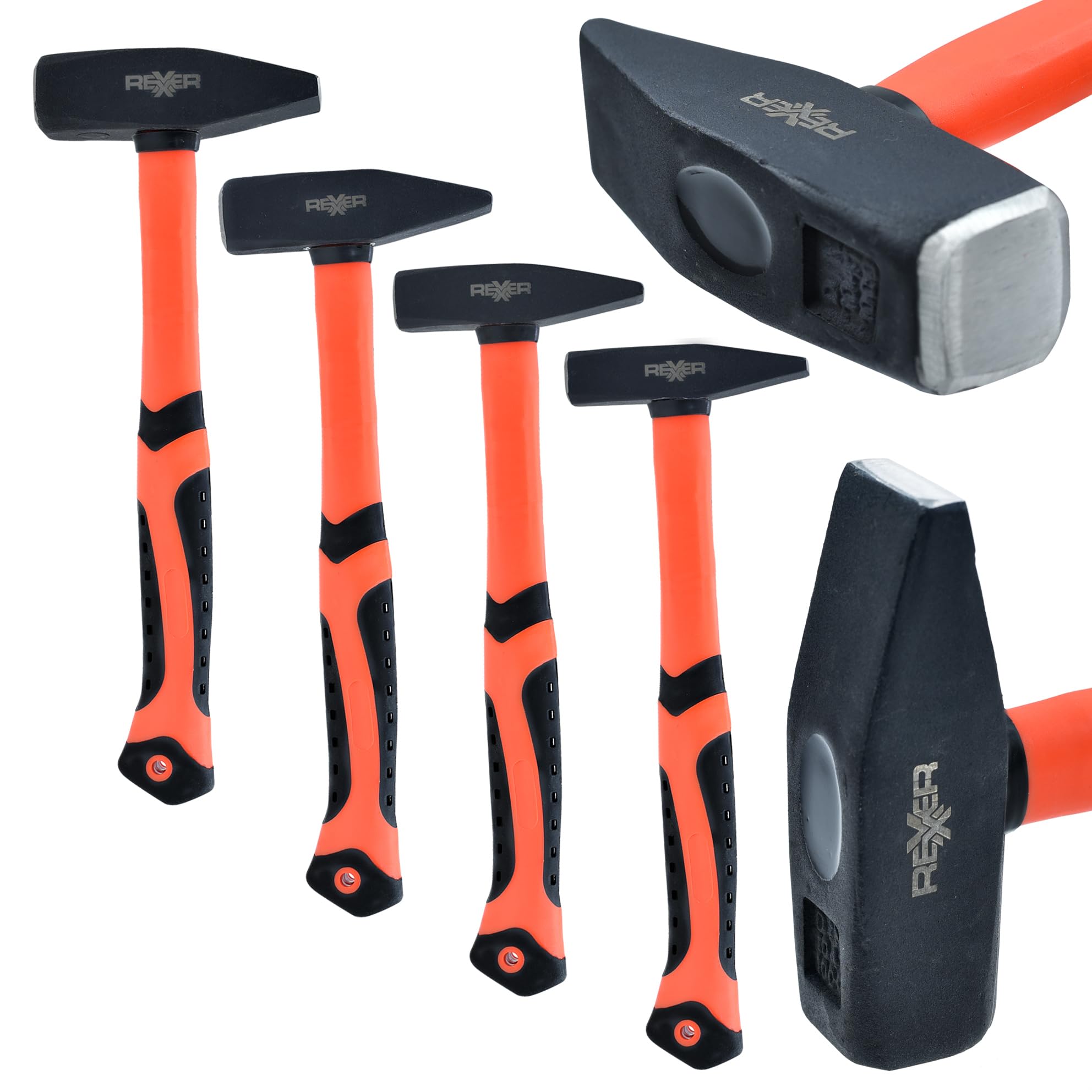 REXXER Schlosserhammer Set 4-teilig (300 g, 500 g, 800 g, 1000 g) – Hammer Set mit Fiberglasstiel & rutschfestem Griff – DIN1041 Stahlkopf – Werkzeug für Werkstatt, Bau, Montage & Haushalt
