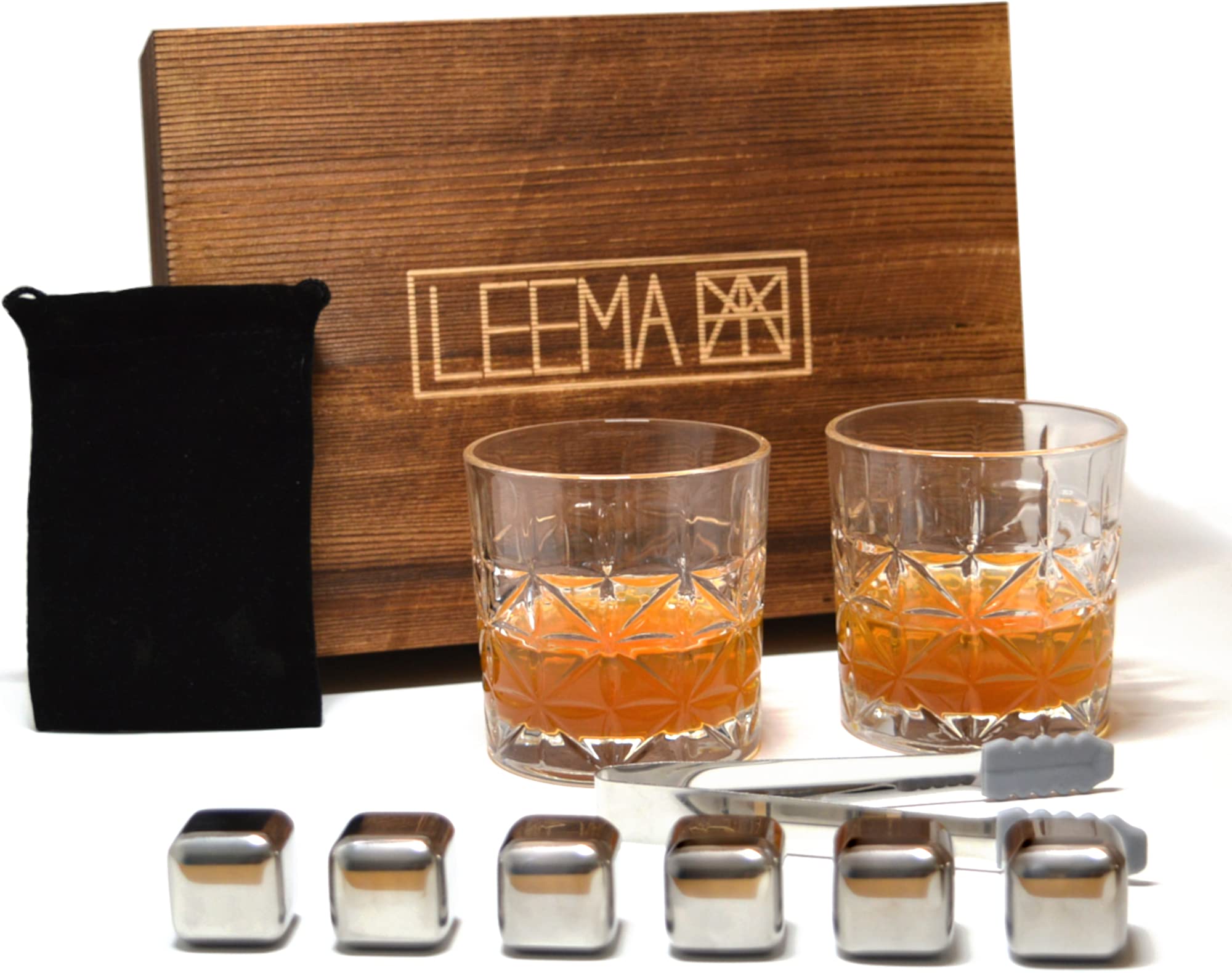 leema Lot de 2 verres à whisky de qualité supérieure avec 2 verres, boîte en bois, 6 cubes réfrigérants brillants réutilisables, pince à glaçons et sac de rangement pratique.