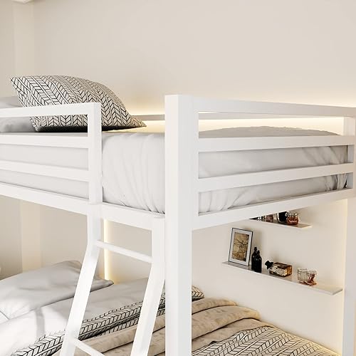 Miniatura 4 de ikalido Litera tipo loft de metal, tamaño individual sobre individual, con barandilla de seguridad y escalera, no necesita somier, muebles de Blanco