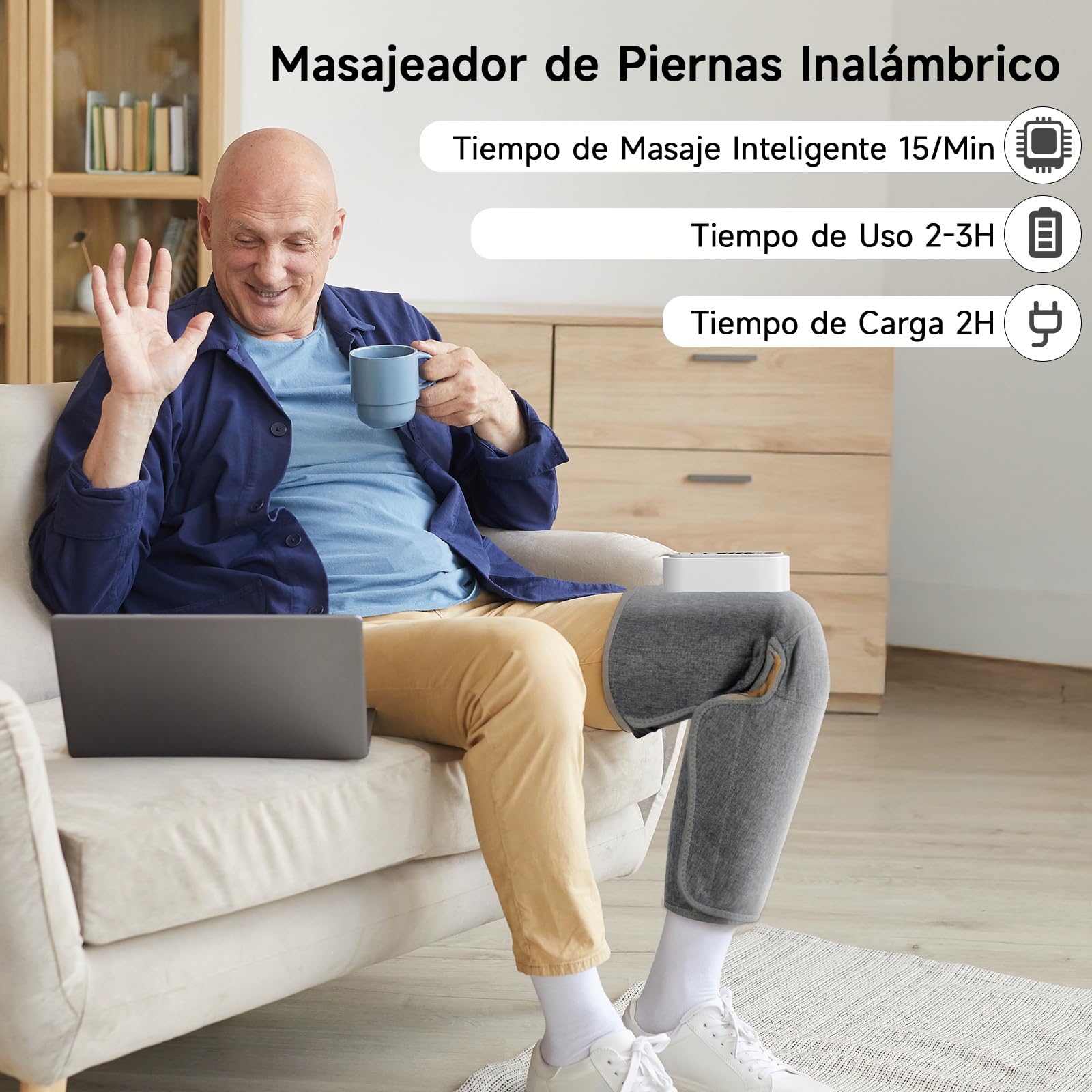 Masajeador piernas inalámbrico Oyase, 3 niveles, calor y bolsas aire | Masaje de presión 3 niveles con calor, temporizador 15 min. Para pantorrillas, muslos y rodillas