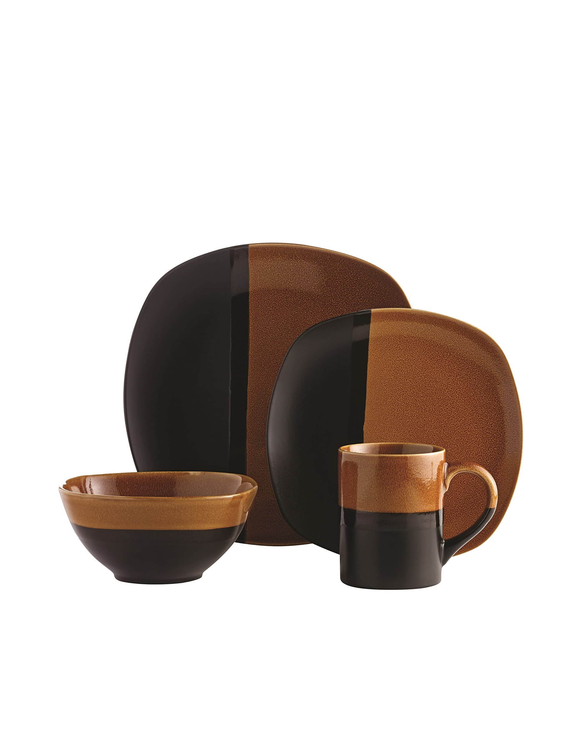 GlobalNiche® overandback 812776 Mirror Amber 16pc Dinnerware Set, Service for 4, Black