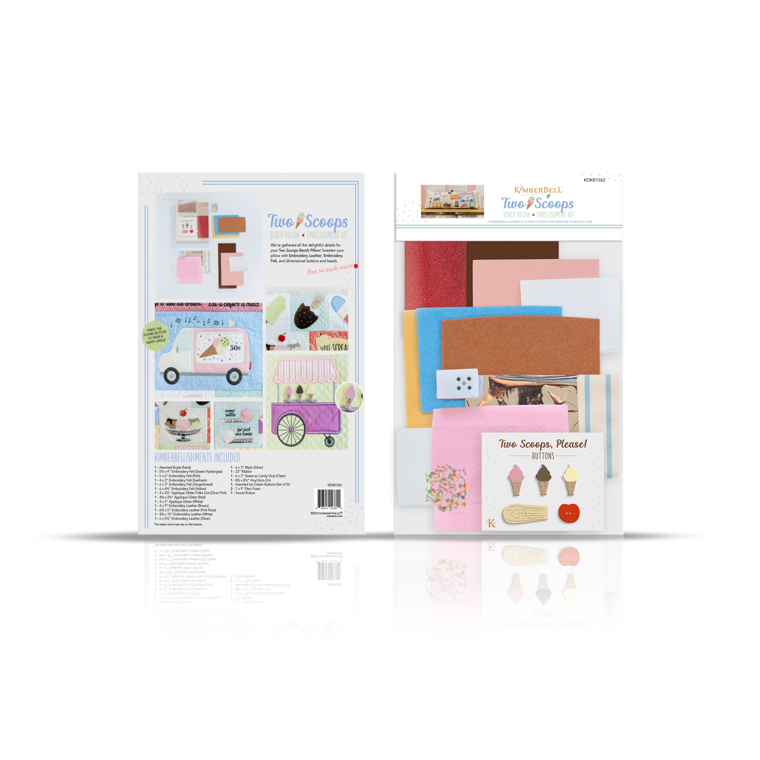 Amazon.com: Kimberbell Embellishment Kit Two Scoops (19 Pcs): Includes  Beads & Personalized Buttons, Mylar, Applique Glitter, Vinyl, Felt (Variety  of Colors), Pair with Machine Embroidery Pillow Design