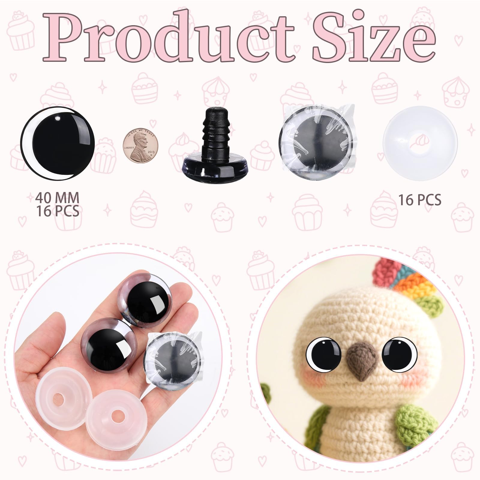 16 ojos de seguridad de luna de 40 mm para ganchillo con arandelas, ojos de seguridad transparentes para amigurumis 3D de luna, ojos de ganchillo, ojos de muñeca para animales, oso de peluche