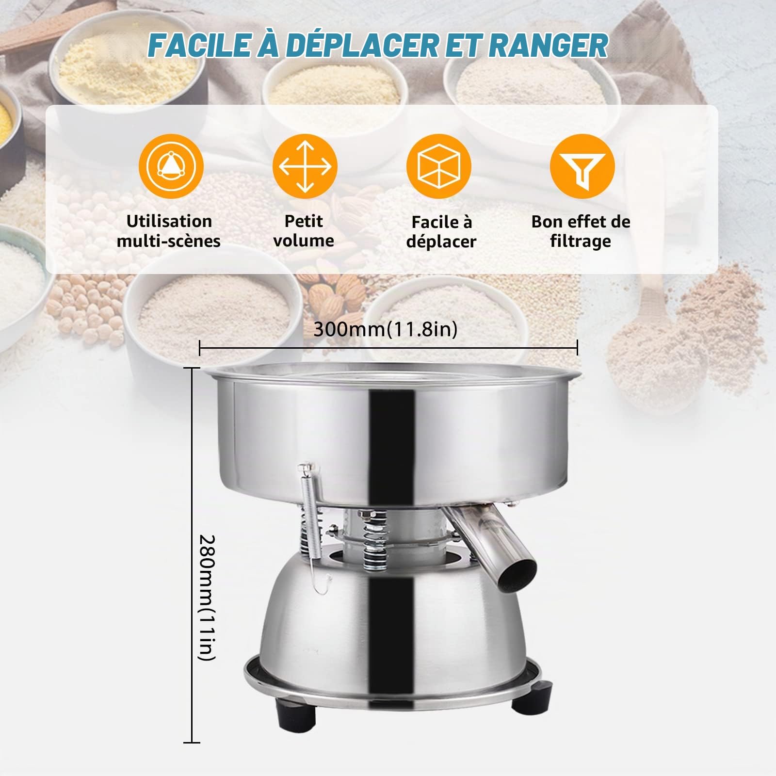 YUCHENGTECH Tamis Vibrant Électrique avec Tamis de 40 mesh Tamis à Farine Électrique Tamis Vibrant Automatique Tamis Vibrant en Acier Inoxydable pour le Tamisage de Farine/Poudre de Cacao 1150rpm 50W