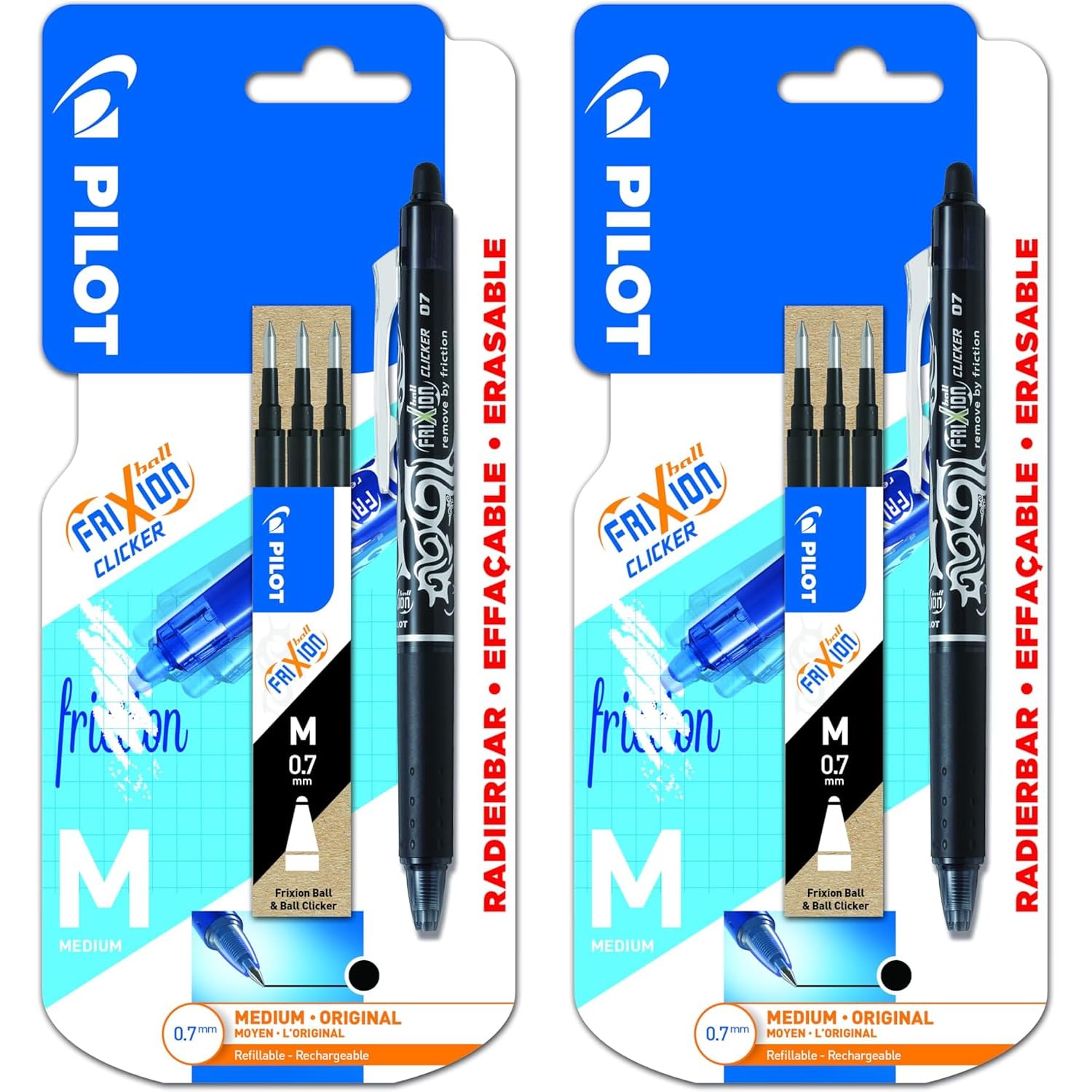 PILOT FriXion Ball Clicker Heat/Friction Erasable Retractable Rollerball Pen + Refills - 0.7mm Nib Tip, 0.35mm Line - Black Ink - Blister Cards of 2 Pens + 6 Refills