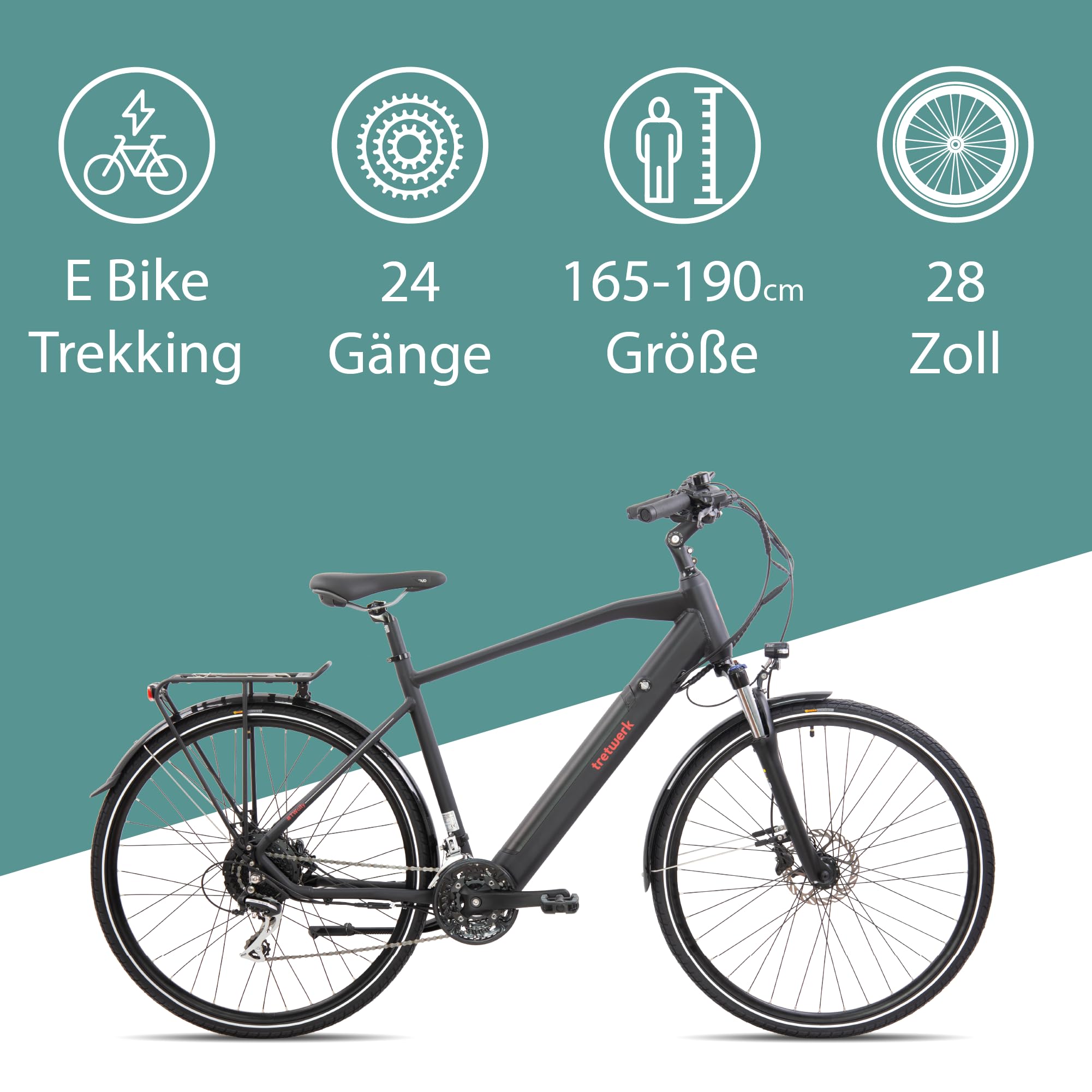 TRETWERK - 28 Zoll E-Bike Herren Pedelec - Bronx 5.0 - E-Trekkingbike Herrenfahrrad mit hoher Reichweite und 24 Gang Shimano Kettenschaltung - Elektrofahrrad mit Hecknabenmotor 250W, 36V