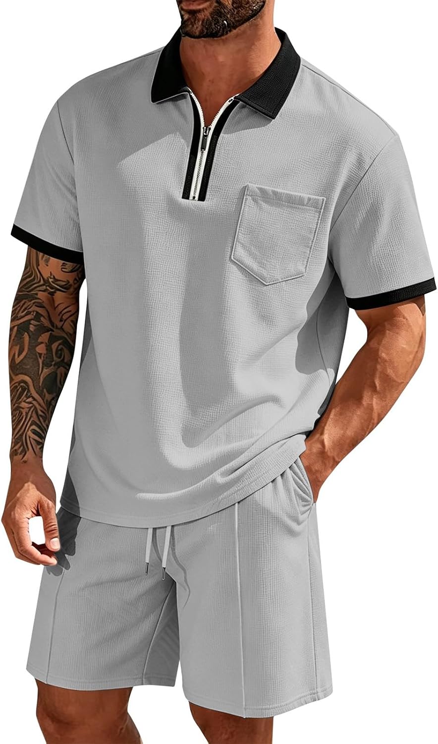 HJINGSUN Mens 2 Piece Short Set Zip Up Waffle Outfits | Weekend Travel, Casual Hangouts, Music Events, Resort Lounging, Warm-Weather Strolls, Vacation Photo Moments, Social Meetups