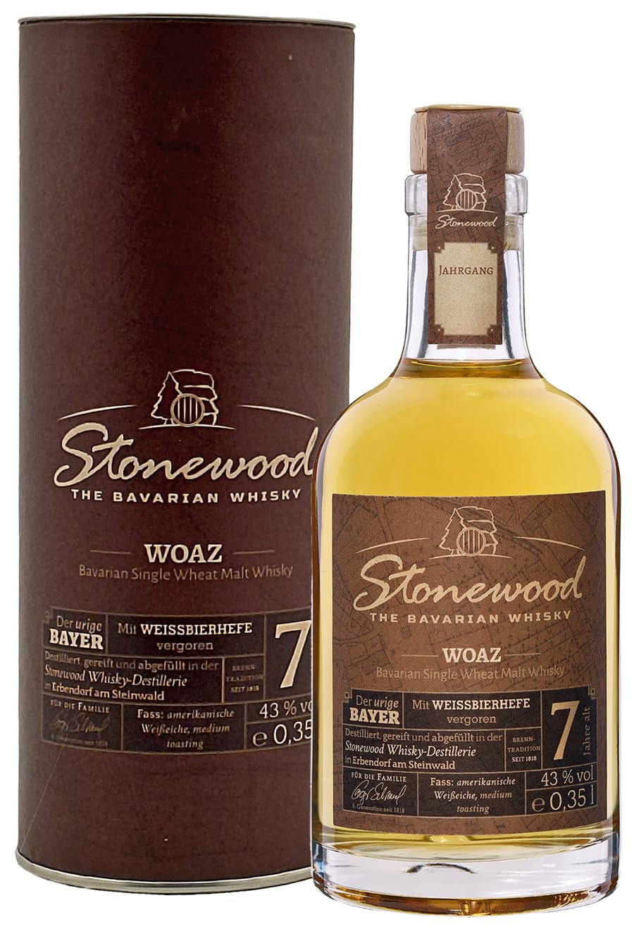 Stonewood Woaz | Bavarian Single Malt Whisky | 7 Jahre alt | 0,35 l. Flasche in Tube