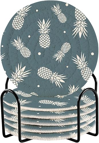 Drink Coasters Absorbent Set with Holder 6 Pack Absorbent Coasters for Drinks Table Coasters Porta Vasos para Mesas Teal Pineapple