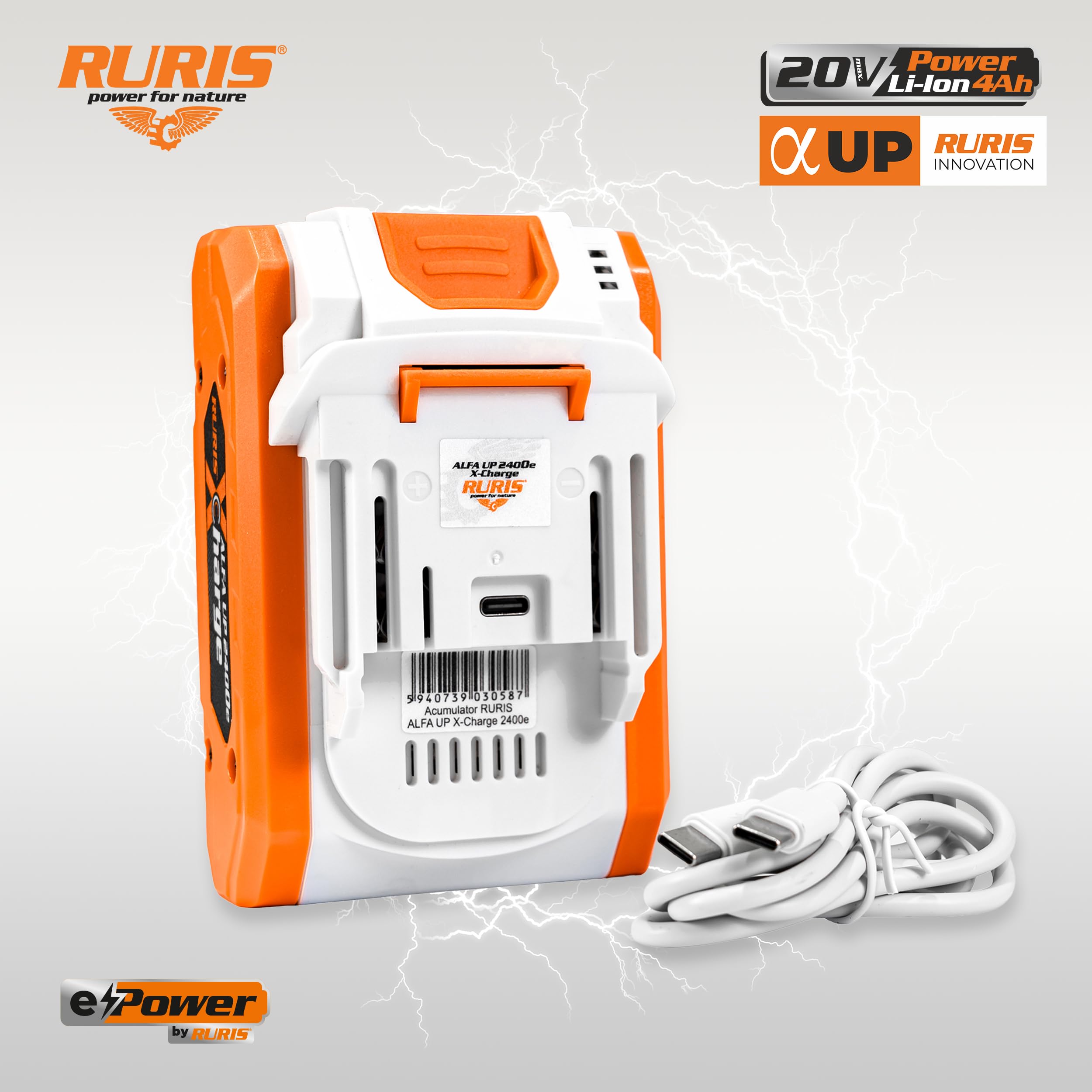 RURIS Alfa UP 2400e Akku 20V 4Ah 80Wh USB-C Bidirektional LED 21700