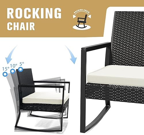 Miniatura 3 de WWR Juego de 3 muebles de patio para exteriores, juego de sillas mecedoras de mimbre de ratán para patio, juego de conversación de 3 piezas con mesa