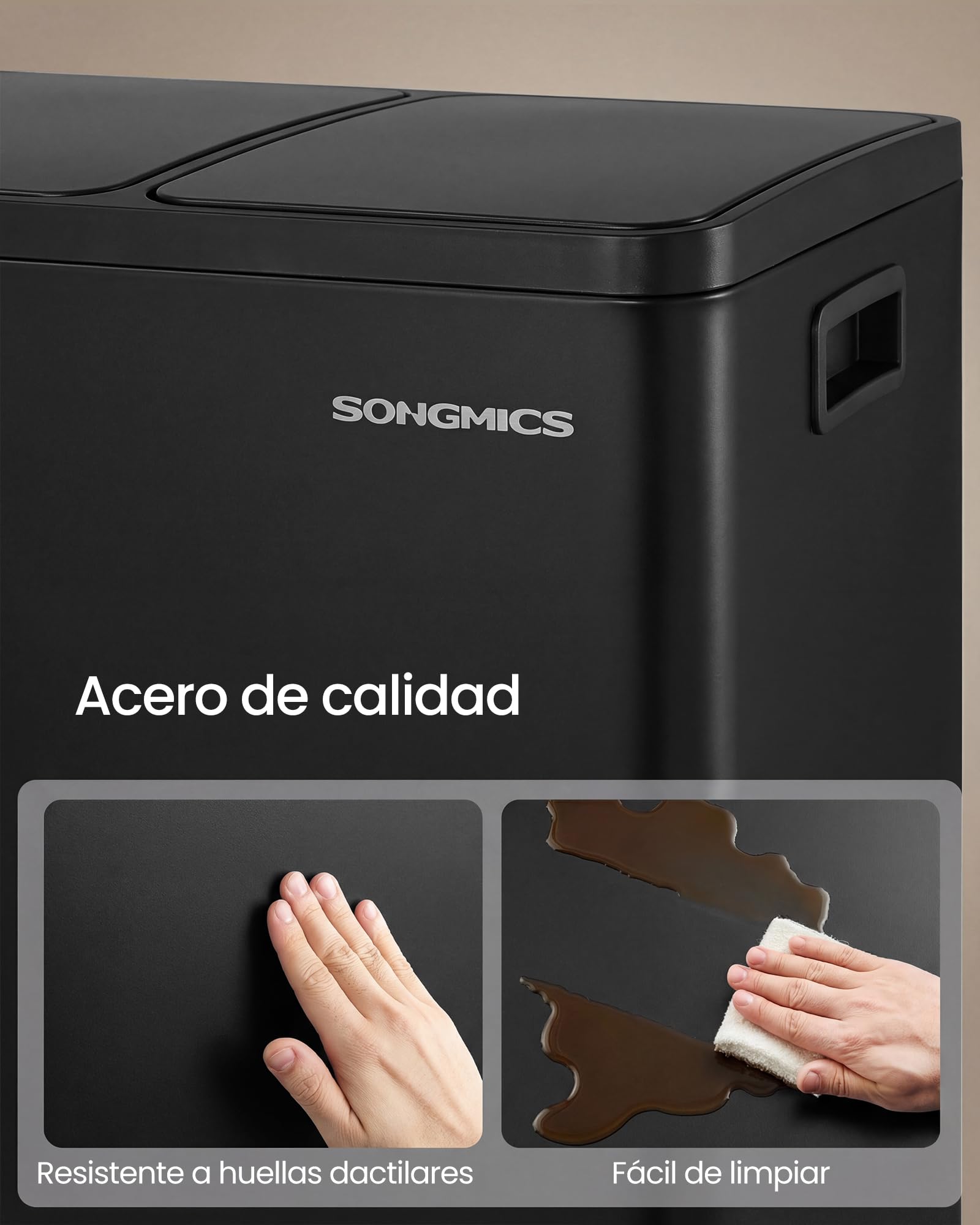 SONGMICS Cubo de Basura de Cocina de 3 x 15 L, con 3 compartimentos, 15 Bolsas, Cubos Extraíbles, Tapa, Asas, Cierre Suave, Acero, Negro Tinta LTB145BZ02