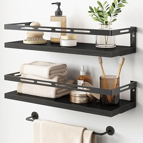 YGEOMER Estantes flotantes para organizador de baño sobre el inodoro, estantes de baño montados en la pared con toallero, estante de pared para