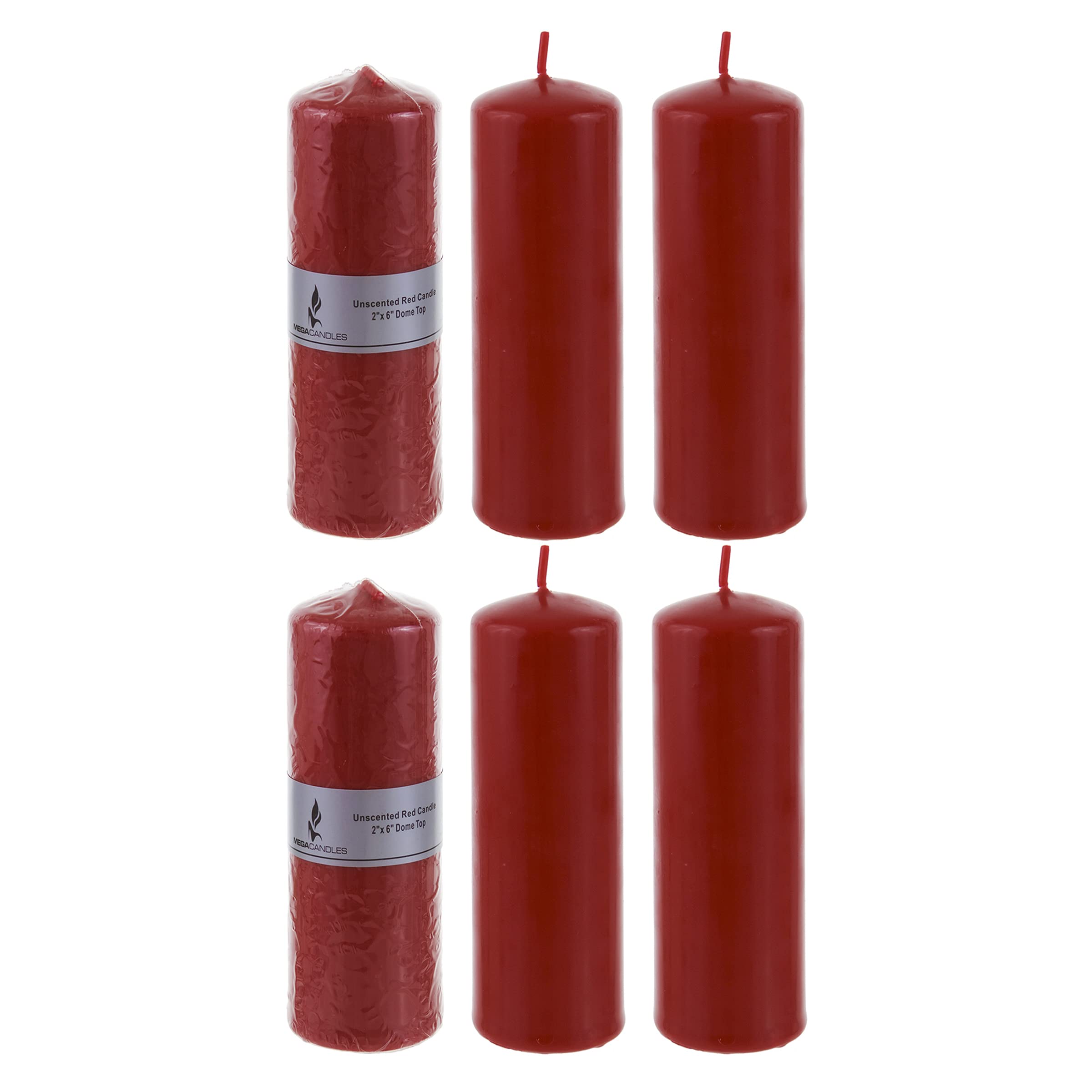 Mega Candles 6 pcs Unscented Red Round Pillar Candle, Pressed Premium Wax Candles 2 Inch x 6 Inch, Home Décor, Wedding Receptions, Baby Showers, Birthdays, Celebrations, Party Favors & More