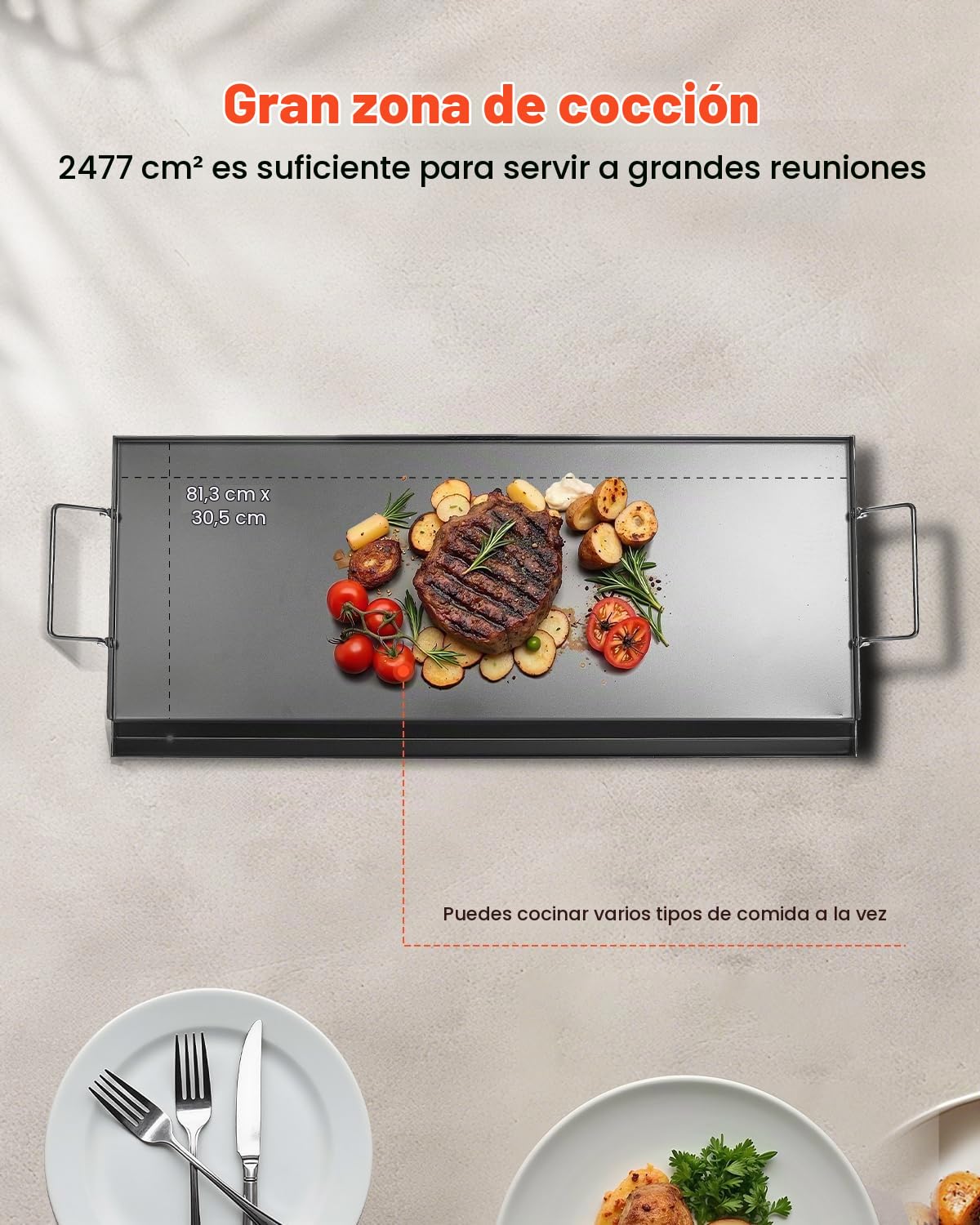 VEVOR Parrilla de Acero al Carbono Universal Rectangular 812 x 310 mm con Superficie Plana, Plancha de Gas para Barbacoa, Teppanyaki, Utensilios Cocina Familiares Portátiles con Asa, para Cocción