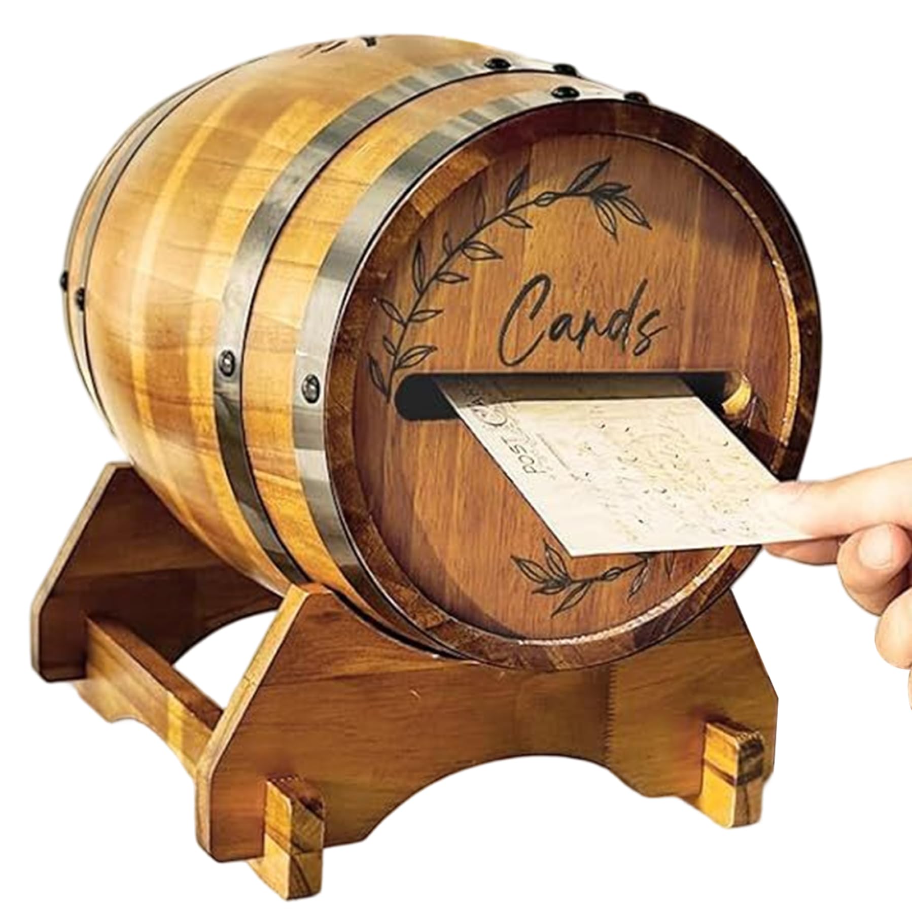 Scatola per biglietti di matrimonio, rustica in legno, marrone, 10 pollici | Forma rustica di botte di whisky, contiene oltre 150 carte, ideale per matrimoni e feste