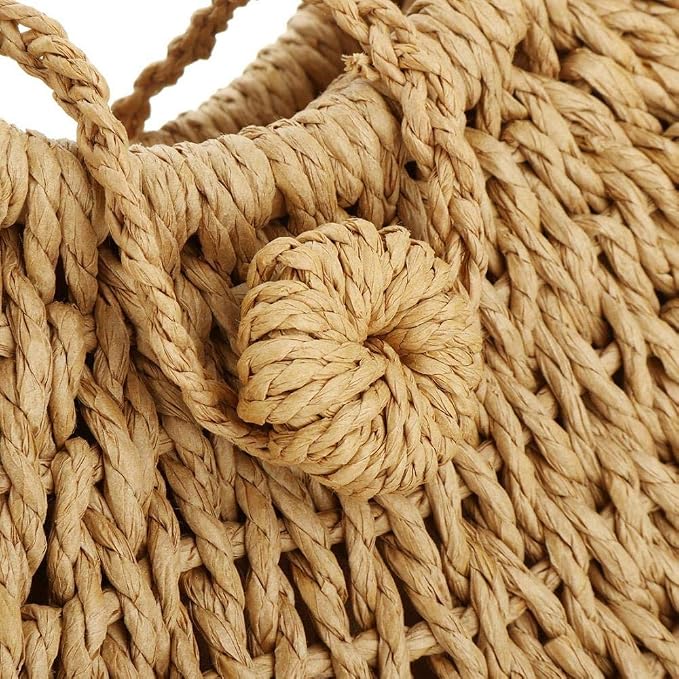 Bolso de paja trenzado con asa circular para mujer miniatura 4