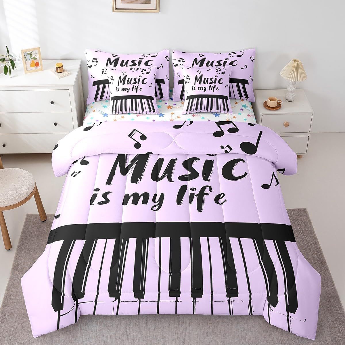 Loussiesd Musica Letto Trapuntato Strumento Musicale Piumino Letto Con Lenzuola 7 Pezzi 135x200cm(7-piece Set) Per Bambini Ragazze Ragazze Hip Hop Musica Rock