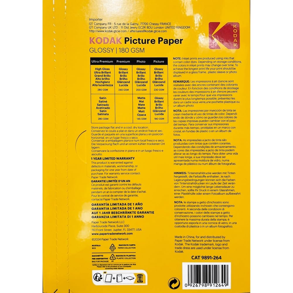 KODAK Picture Paper Papier Photo Brillant A4 180g/m² 50 Feuilles Jet d'Encre