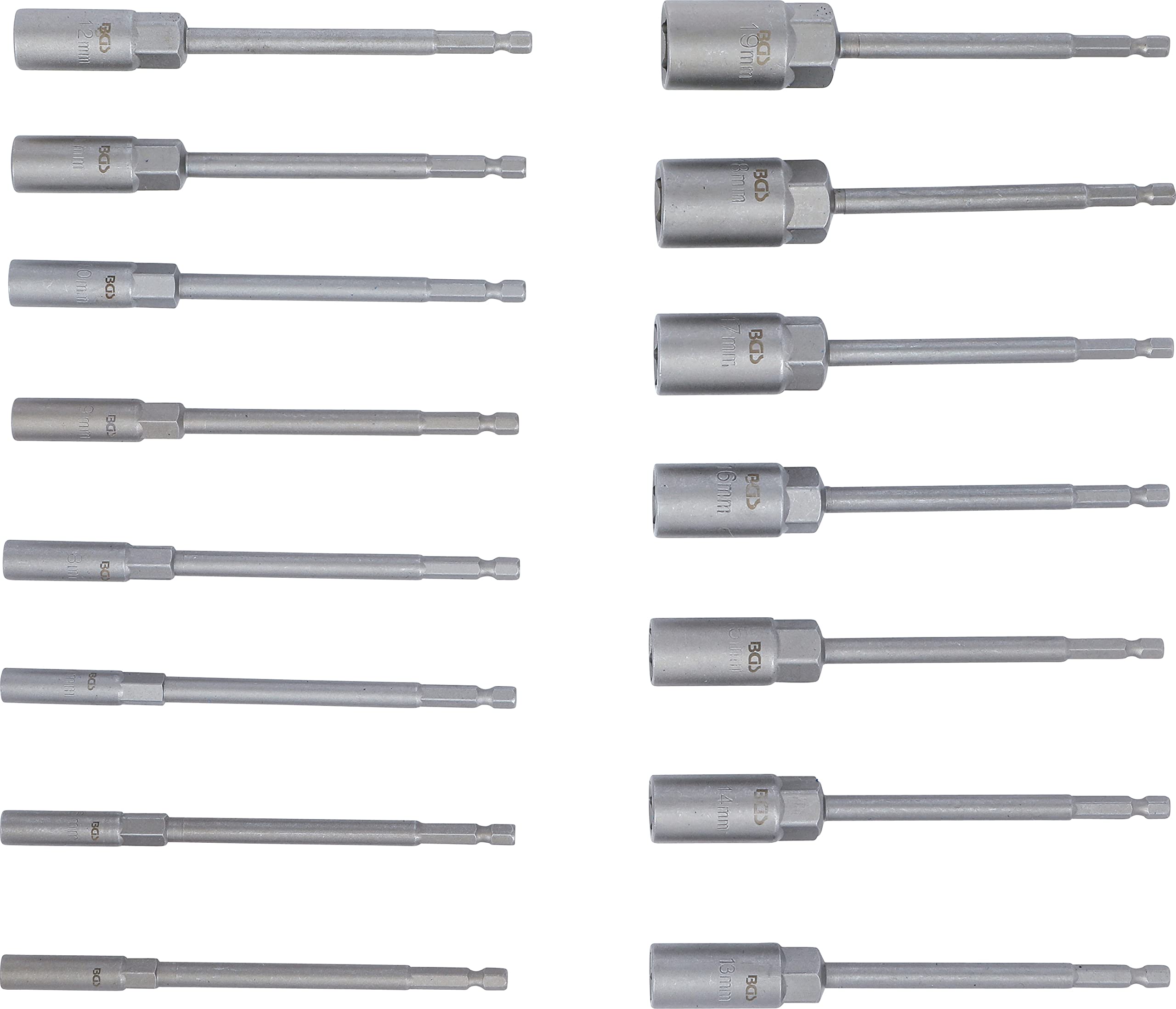 BGS 70147 | Serie di bussole, esagonali | extra lunghi | attacco esagono esterno 6,3 mm (1/4") | per trapani | 5,5-19 mm | 15 pz.