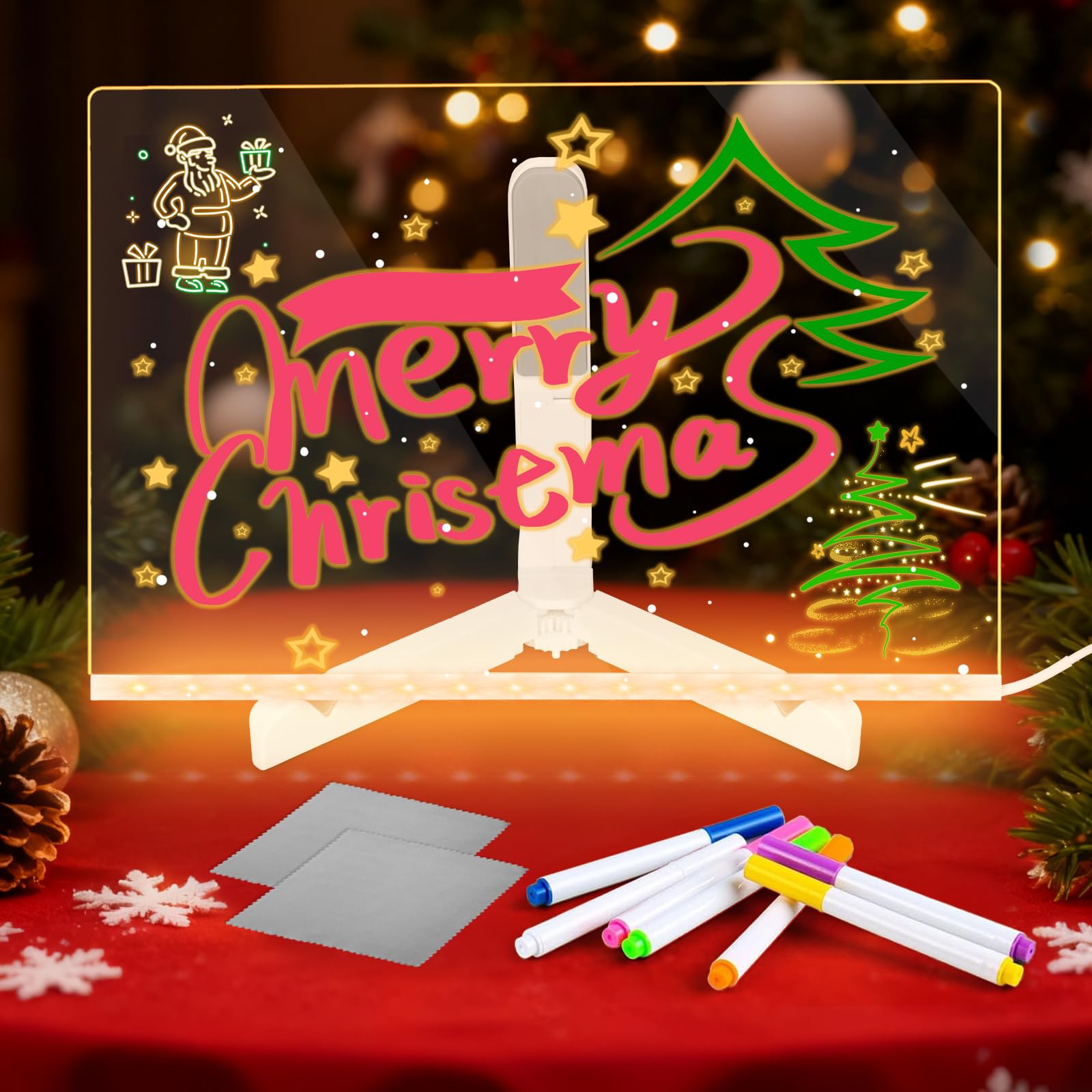 LED Drawing Board, Light Up Drawing Screen, Rewritable Acrylic LED Message Board with 7 Colors Pen, with Rag and Stand, for School, Cafe, Home, Office, Christmas