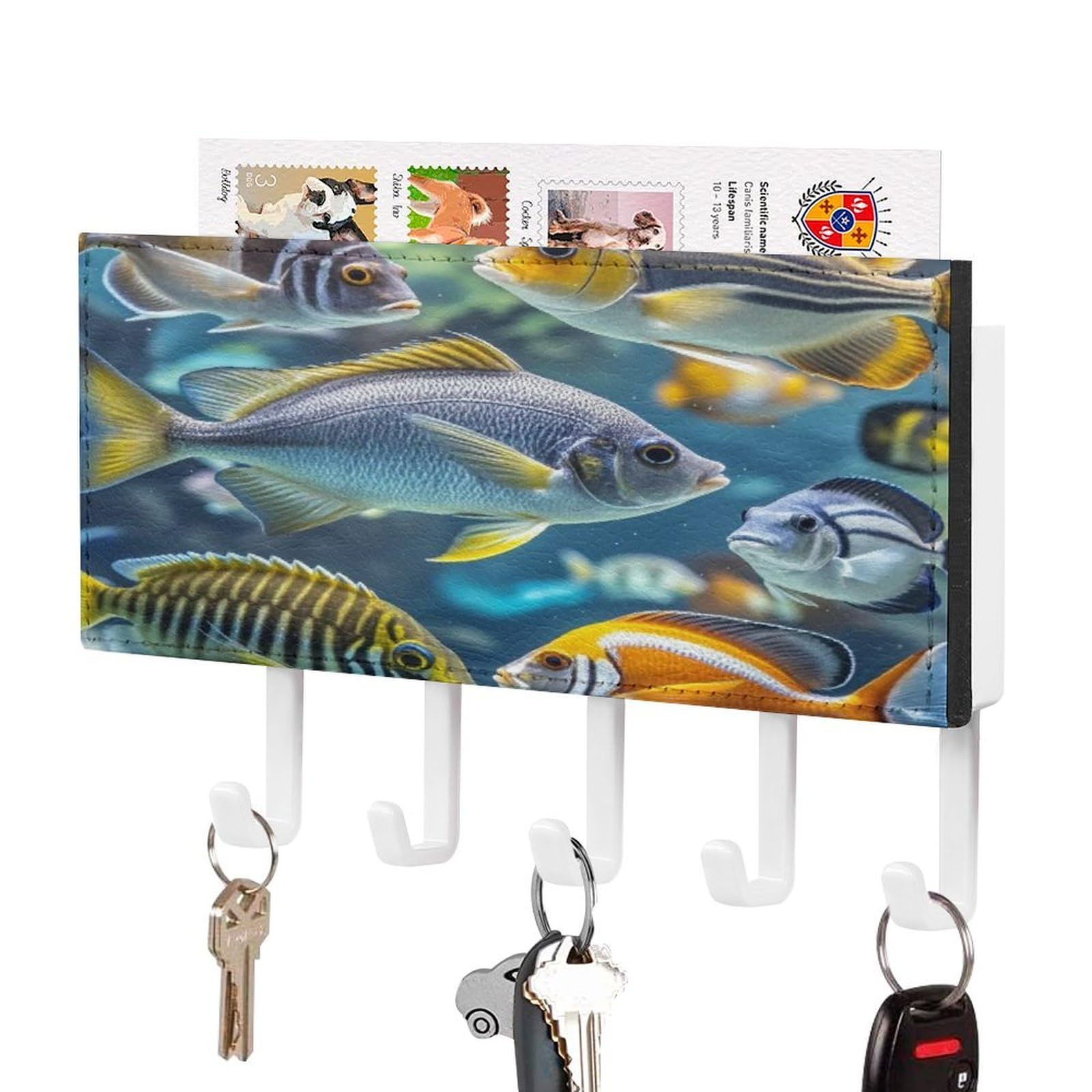 FekiLoot Fish Key Holder Wall Mount Key Hanger with 5 Hooks Decorative Key Rack Hanging Key Hooks with Mail Organizer Key Holder for Wall Living Room Kitchen Bathroom Hallway White